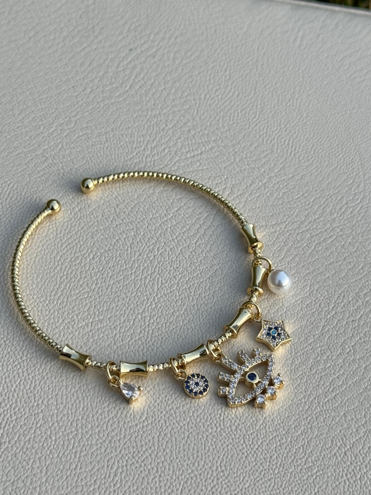 Nazar Gözlü Charm Gold Renk Ayarlanabilir Bileklik