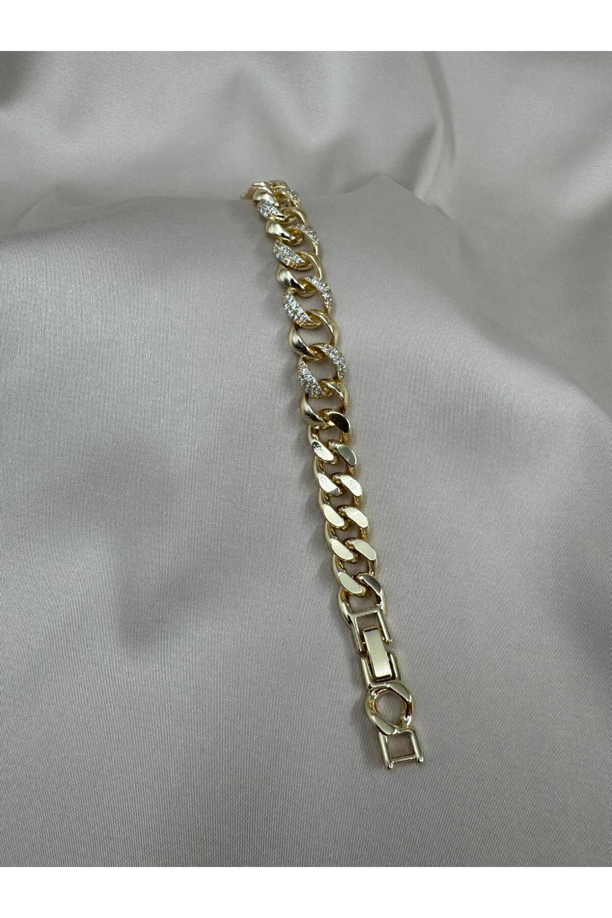 Zirkon Taşlı Gurmet Gold Renk 17+2CM Ayarlabilir Çelik Bileklik