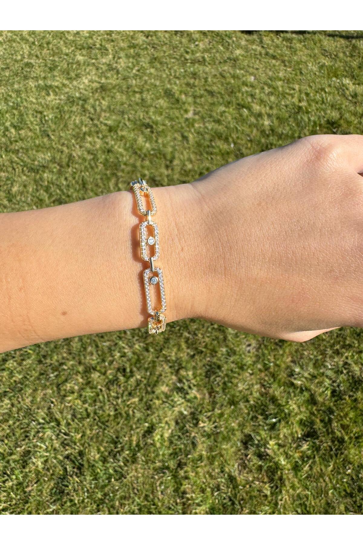 Kadın Gold Zirkon Taşlı Dikdörtgen Halkalı 17+2CM Ayarlanabilir VIP Bileklik