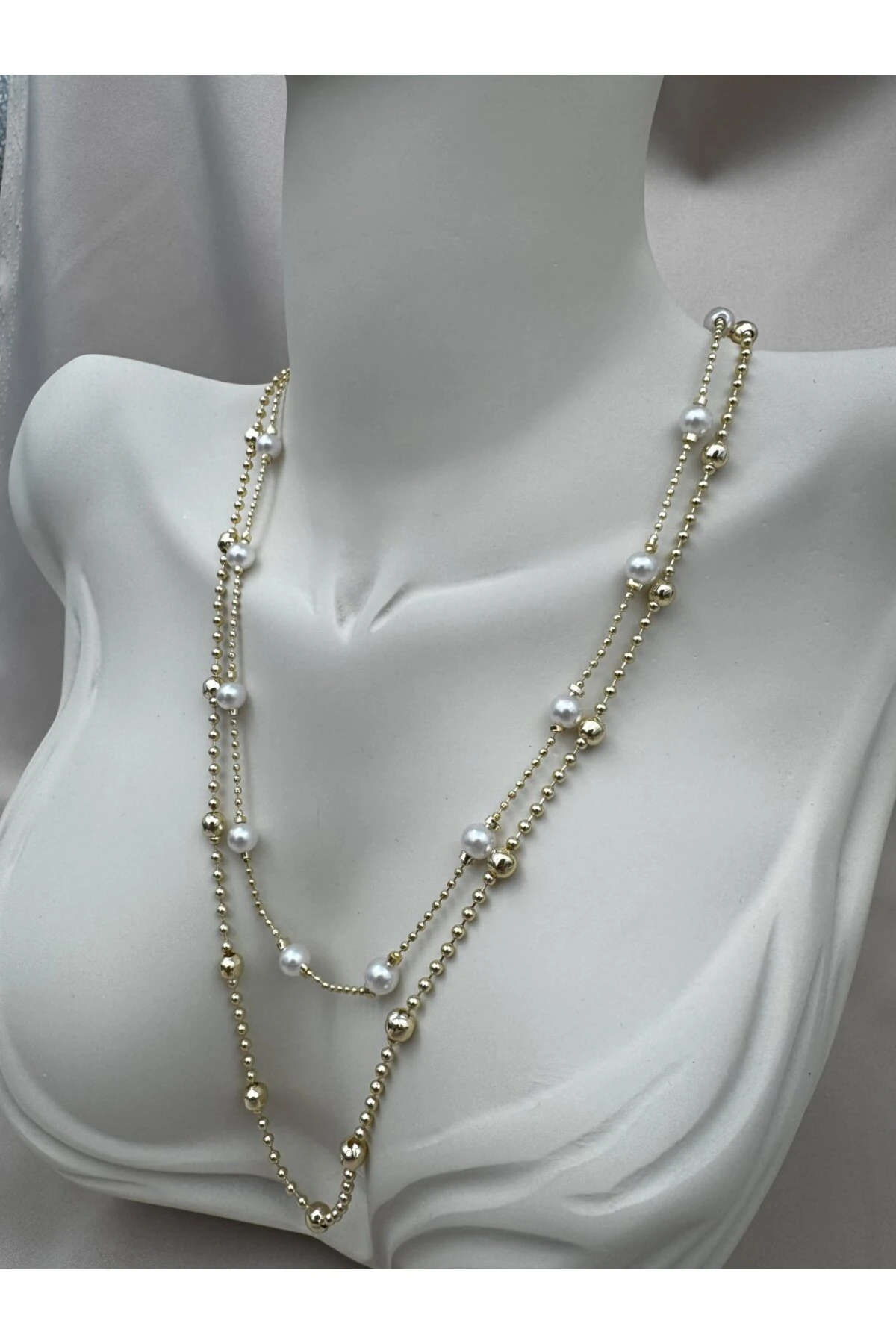 İnci Detaylı Gold Renk 40+5CM Ayarlanabilir Zincir Kolye