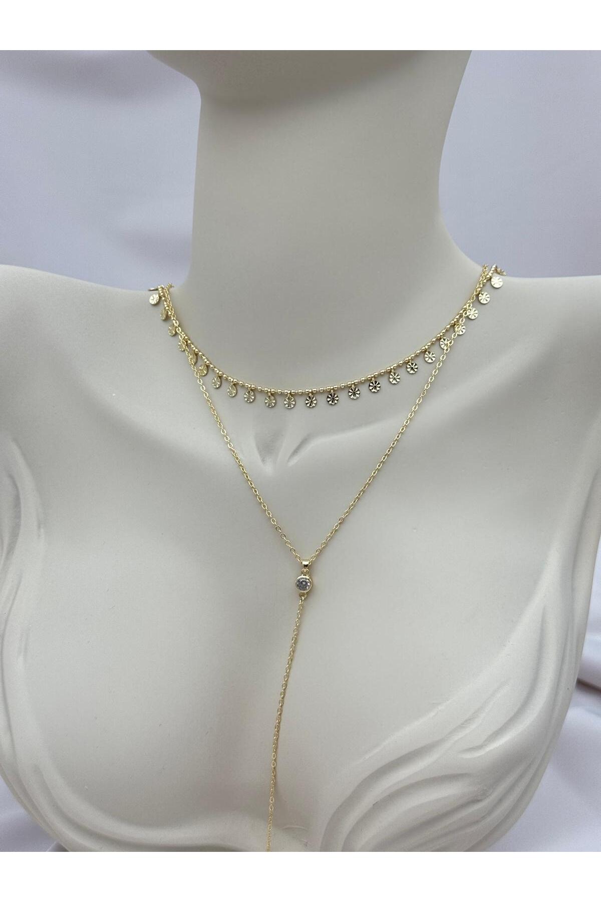 Çift Sıra Pul Detaylı Tek Taş Uzun Lariat Y Kolye 41+5 cm