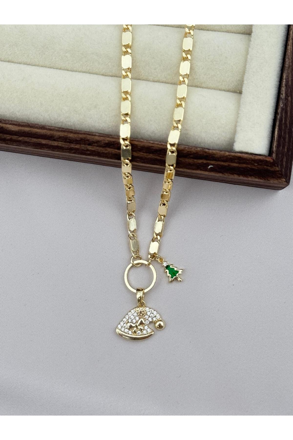 VIP Yılbaşı Şapka ve Ağaç Figürlü Gold 50+5 cm Ayarlanabilir Kolye