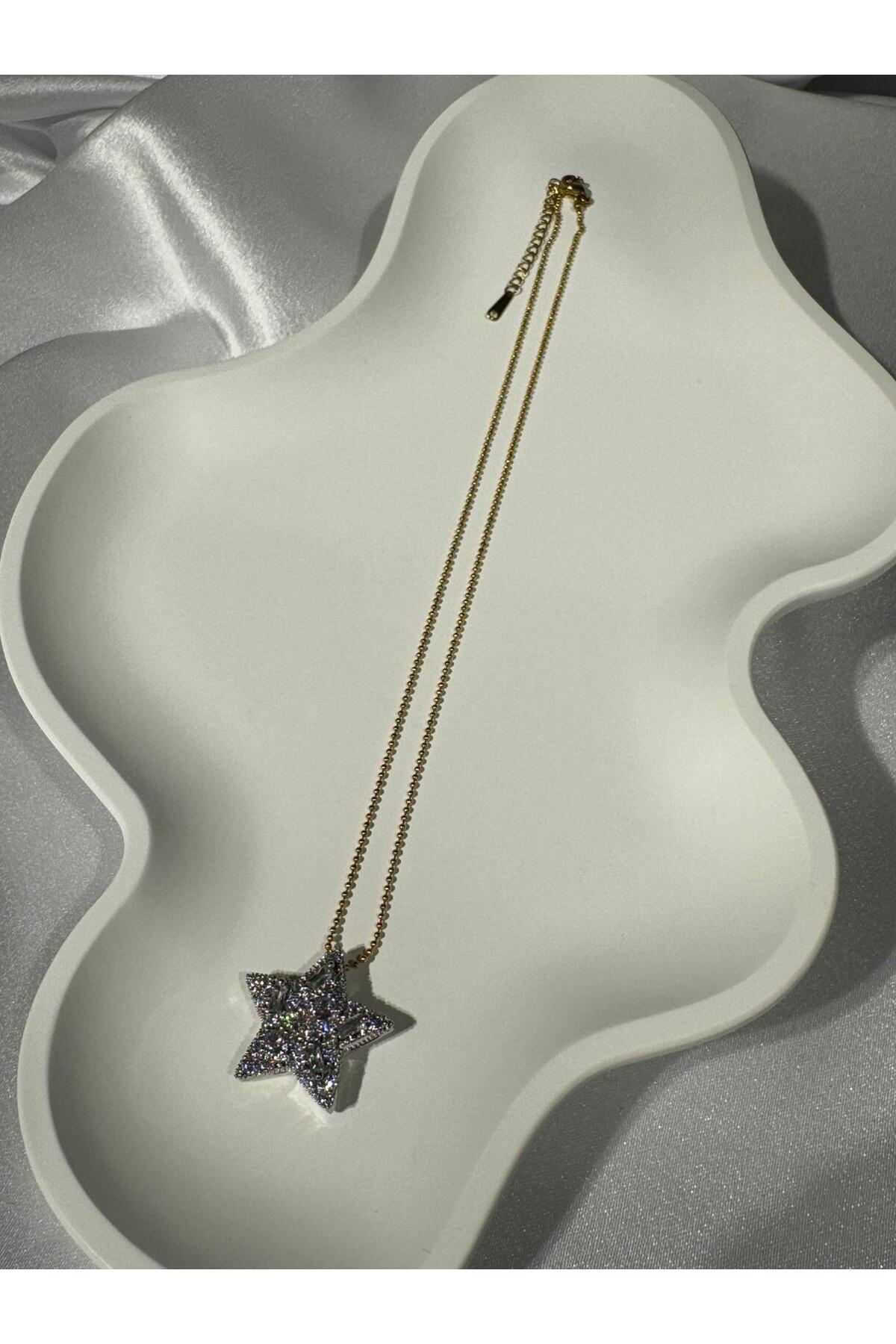 Yıldız Motifli Taş Detaylı Gold 40+5CM Ayarlanabilir Kararmaz Çelik Kolye