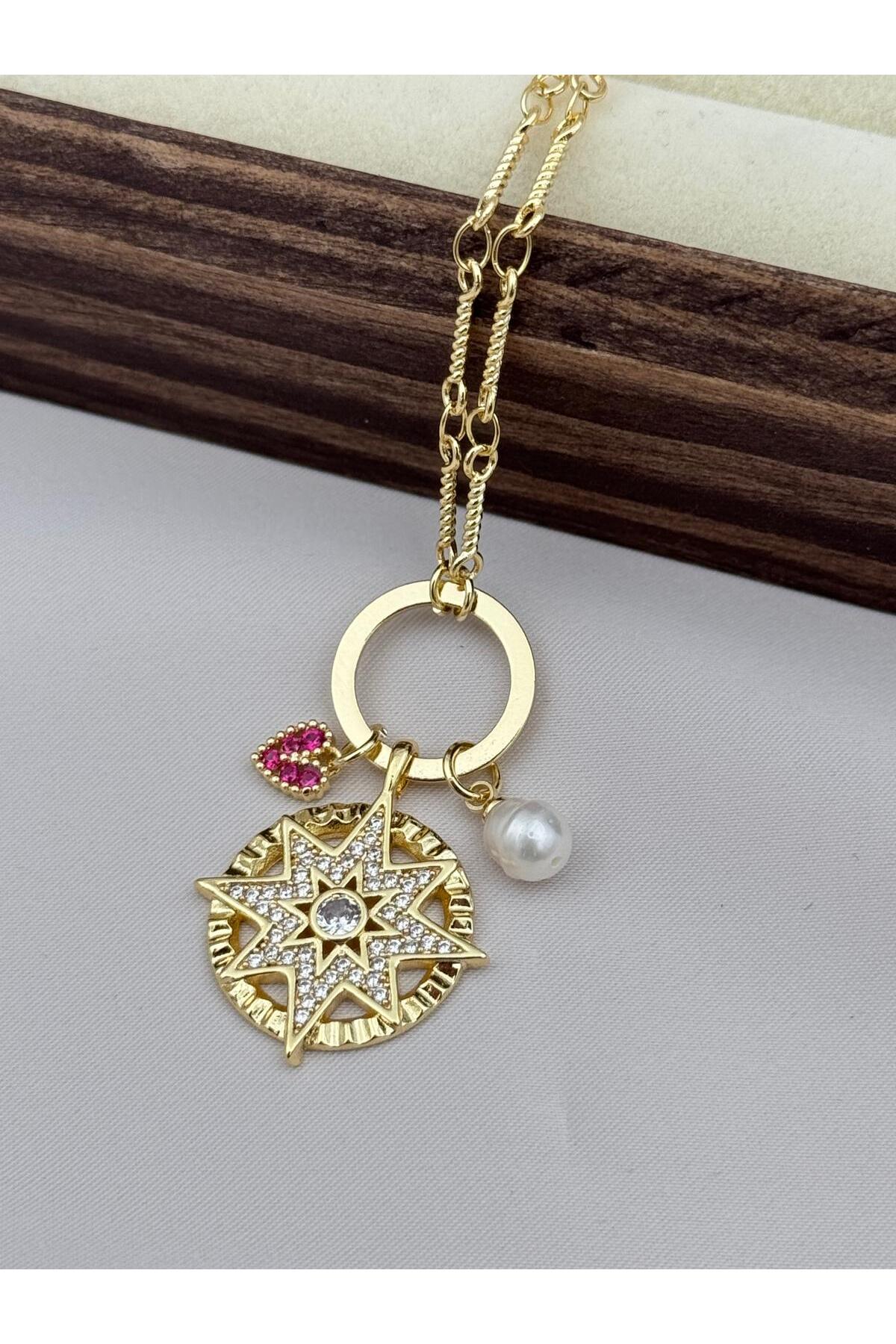 VIP Kalp ve İnci Detaylı Charmlı Kutup Yıldızı 70+5 cm Ayarlanabilir Kolye