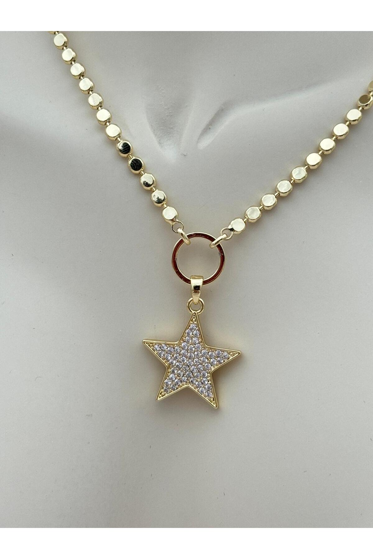 VIP Zirkon Taşlı Yıldız Gold Renk 55+5 cm Kolye