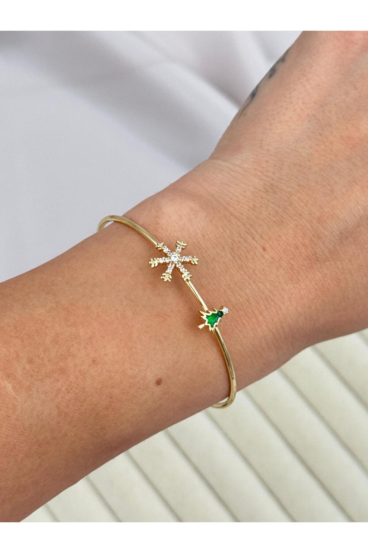 VIP Kar Tanesi ve Yılbaşı Ağacı Figürlü Ayarlanabilir Gold Bileklik