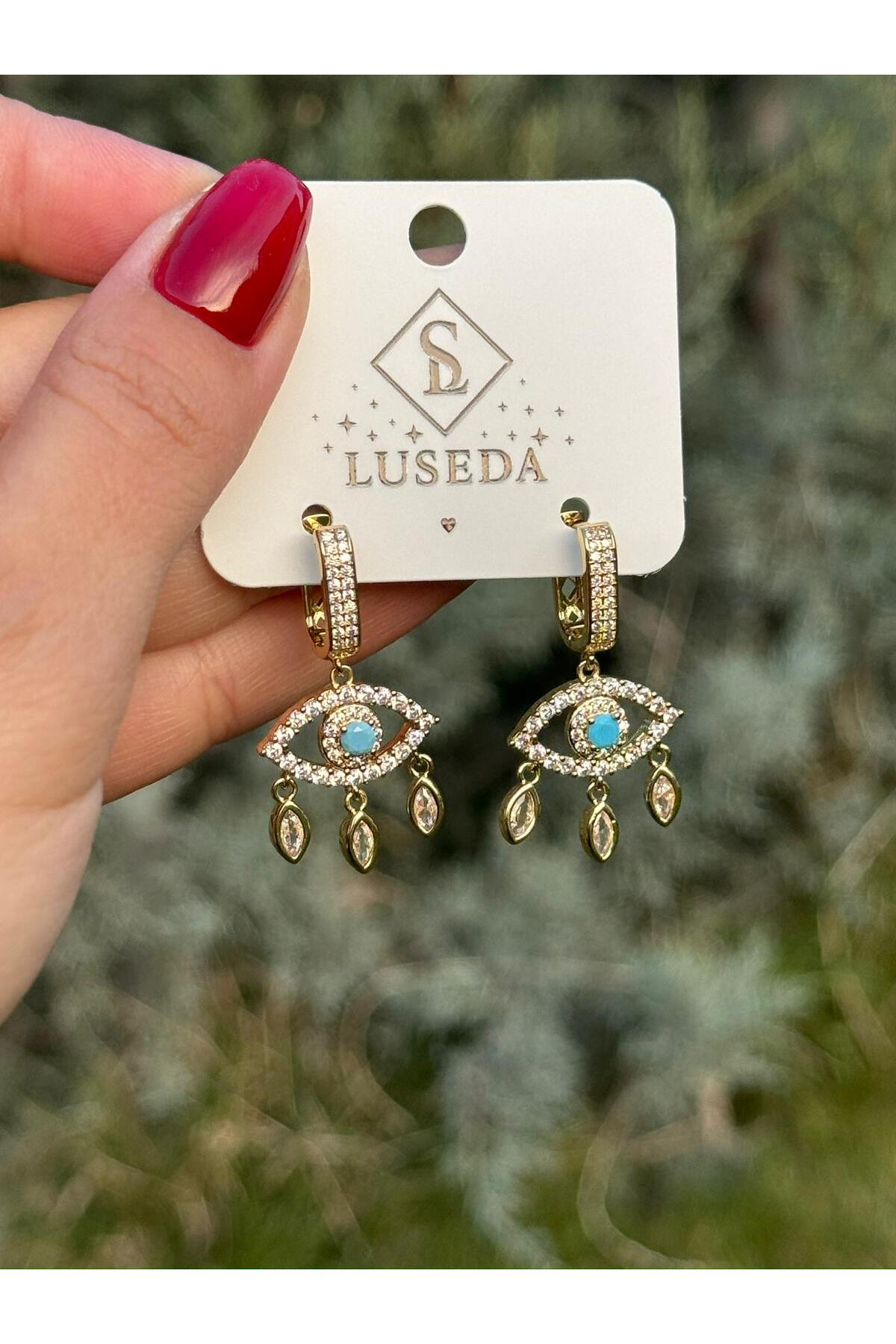 Gold Renk Turkuaz Taşlı Nazar Göz Sallantılı Zirkon Taşlı Halka Küpe