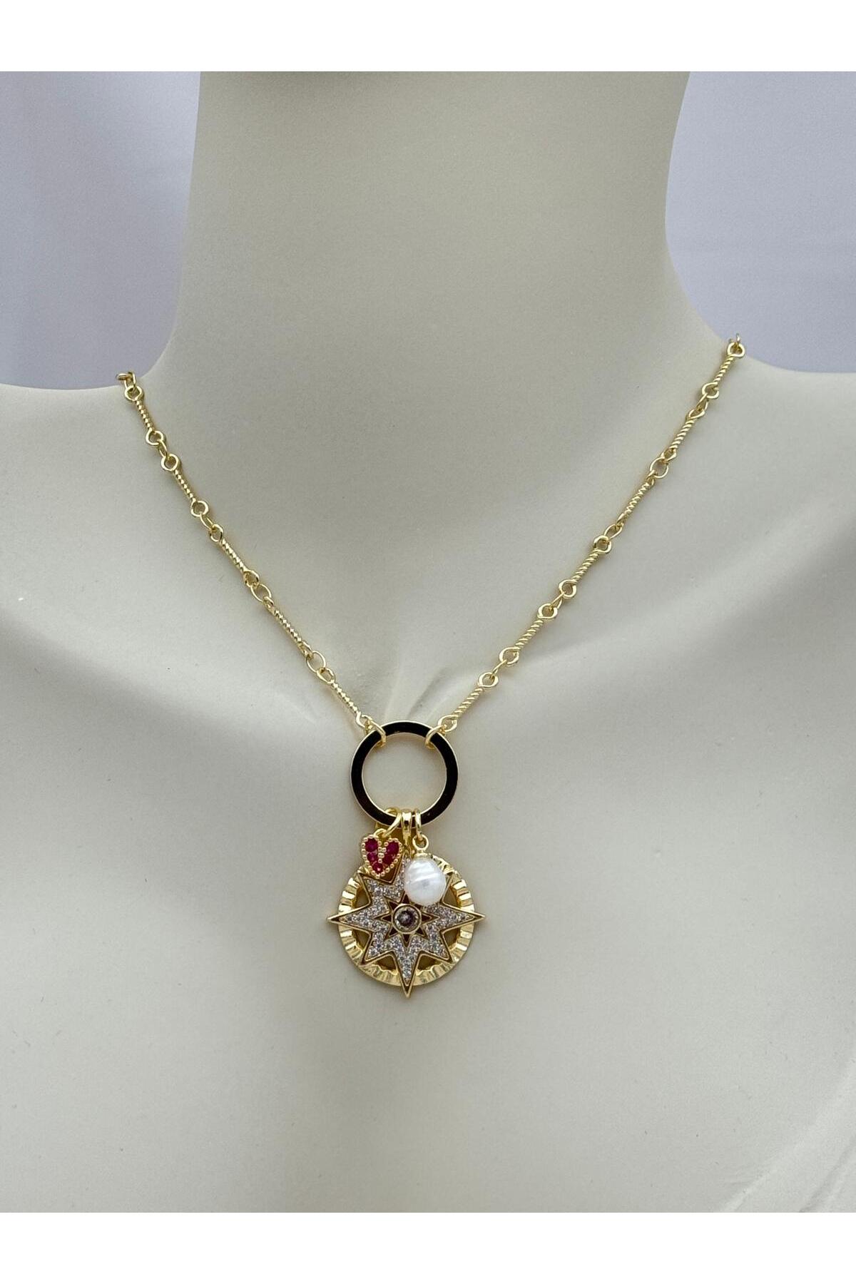 VIP Kalp ve İnci Detaylı Charmlı Kutup Yıldızı 70+5 cm Ayarlanabilir Kolye