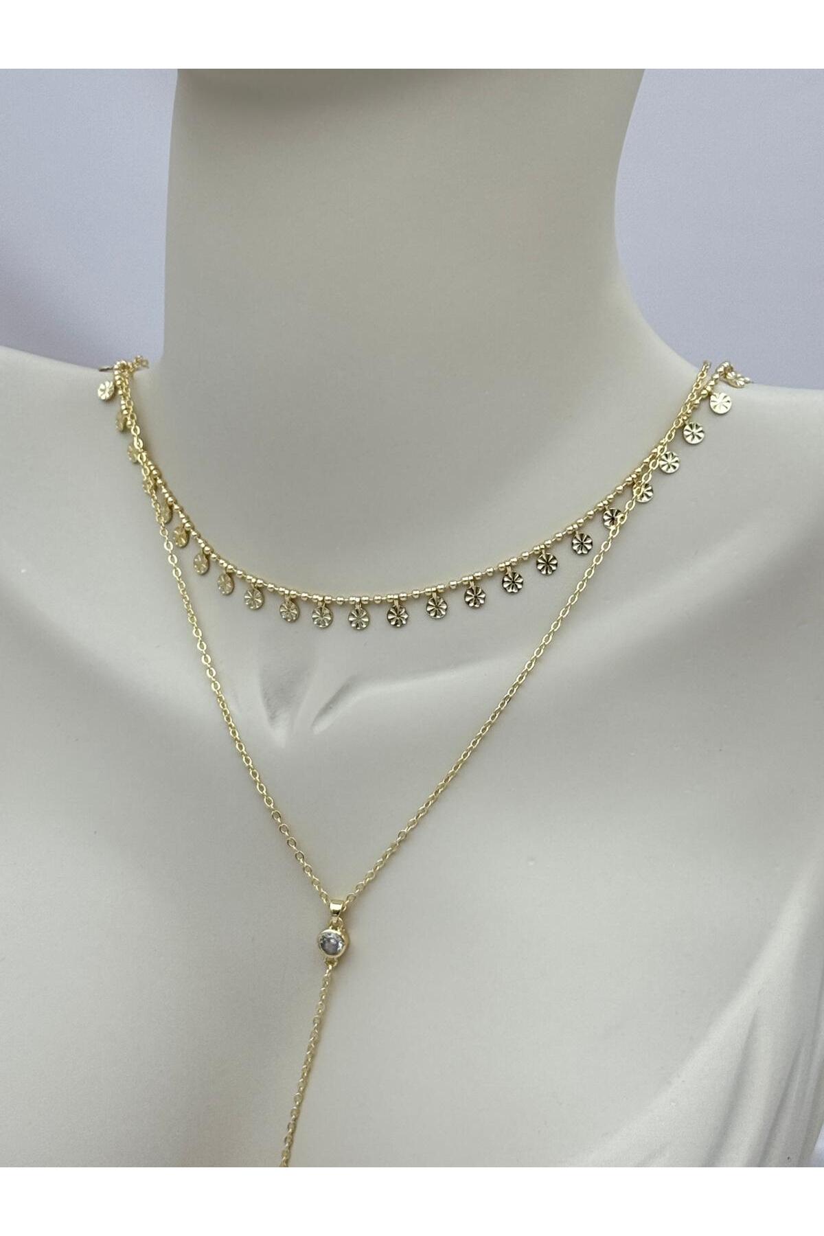 Çift Sıra Pul Detaylı Tek Taş Uzun Lariat Y Kolye 41+5 cm