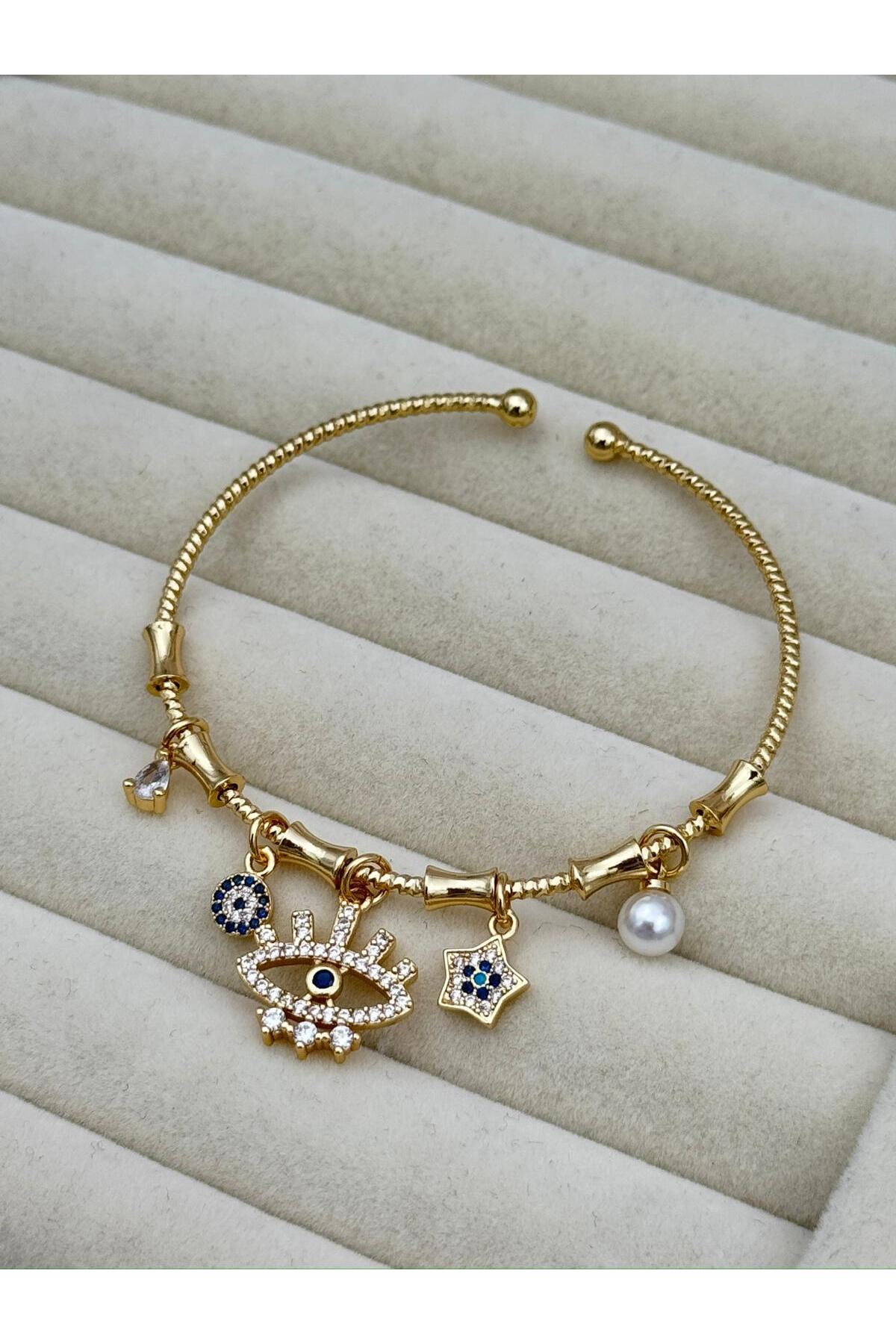 Nazar Göz Yıldız Charm Ayarlanabilir Bambu Desen Kelepçe Bileklik