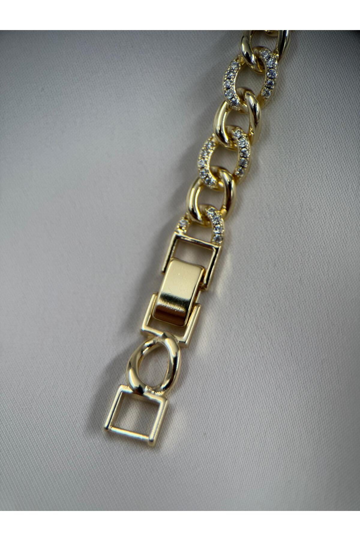 Kadın Taş Detaylı Kalın Zincir 17+2CM Ayarlanabilir Gold Bileklik