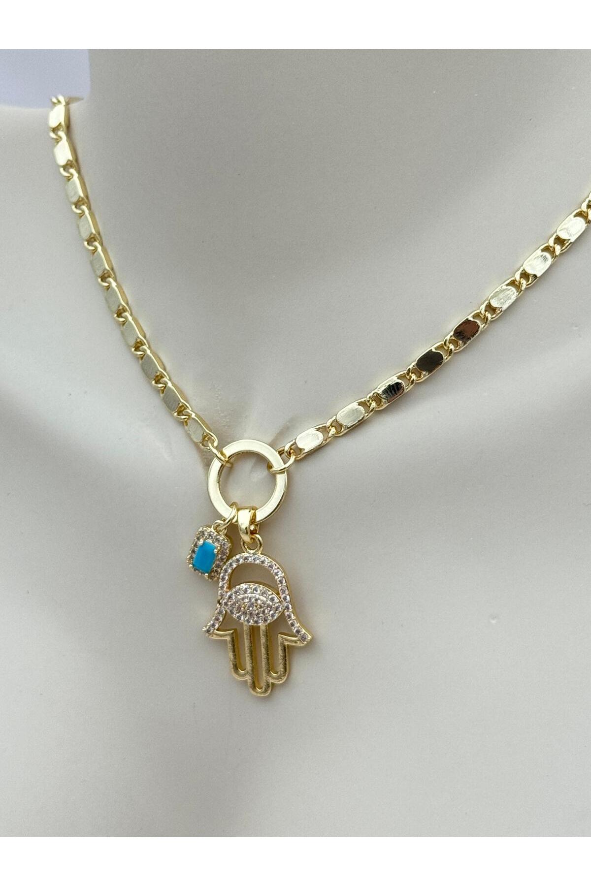 Fatma Ana Eli ve Turkuaz Taş Detaylı Gold Zincir 70+5 cm Ayarlanabilir VIP Kadın Kolye