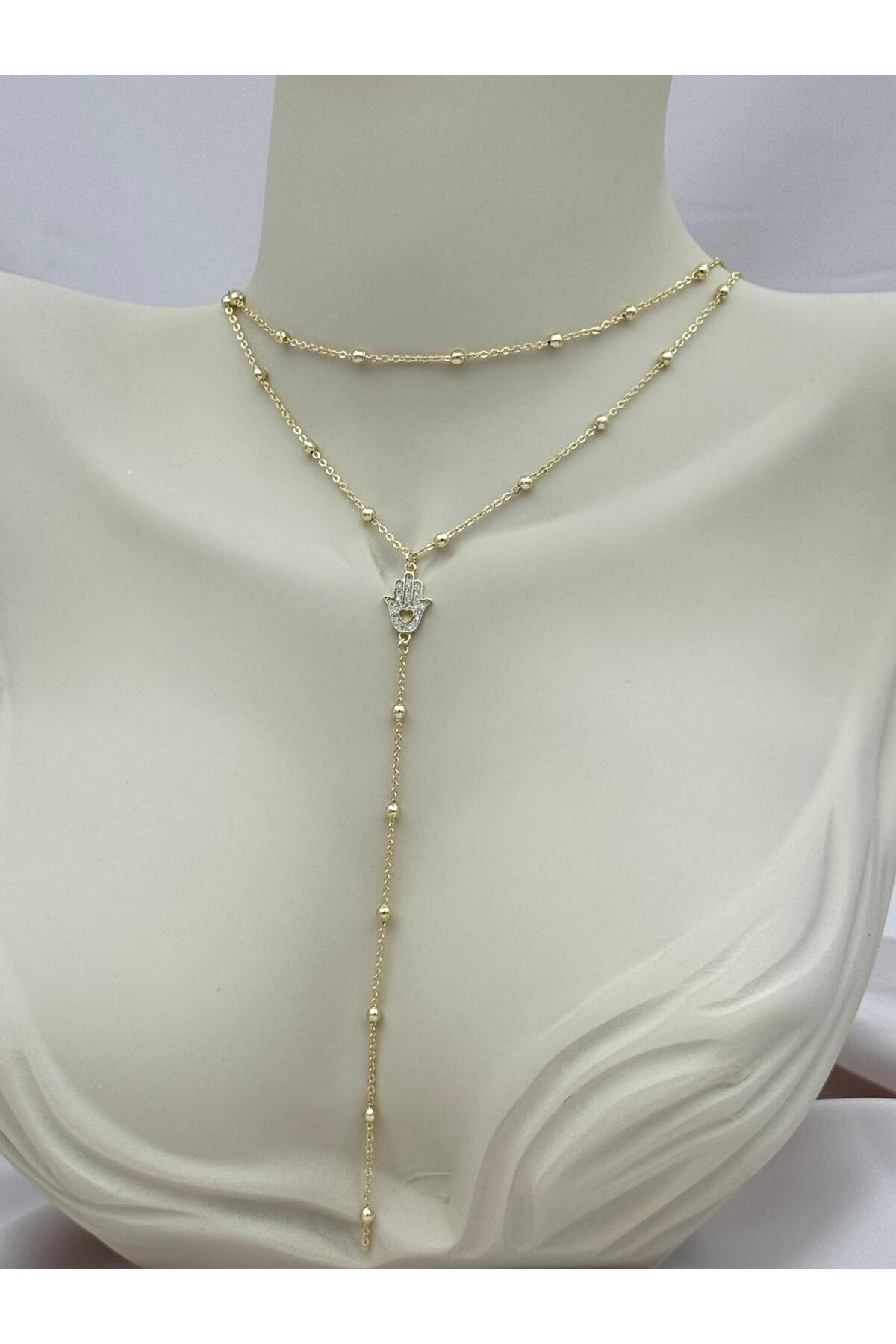 Çift Sıra Gold Zincir Taşlı Fatma Ana Eli Kadın Y 40+5 cm Ayarlanabilir Kolye