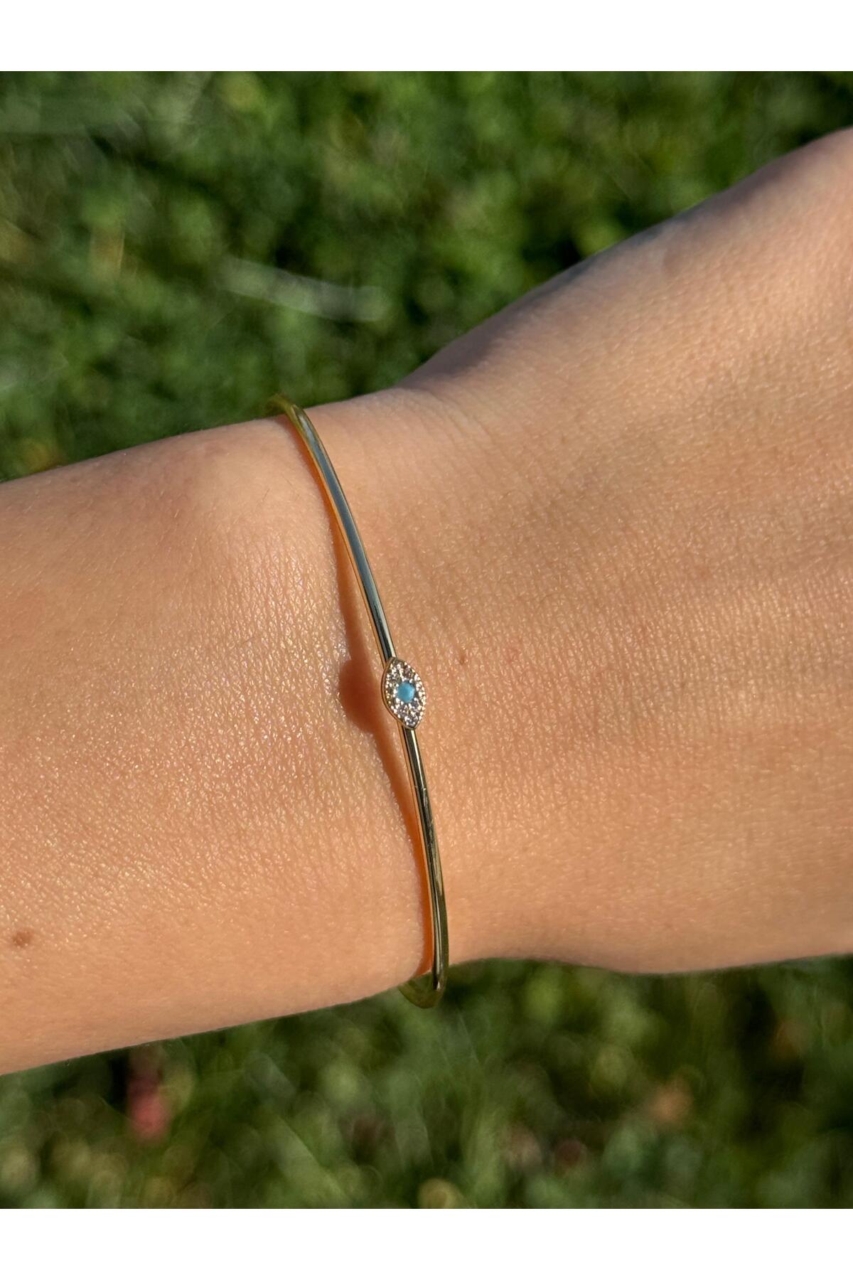 Mavi Taşlı Nazar Göz Figürlü Ayarlanabilir Gold Bileklik