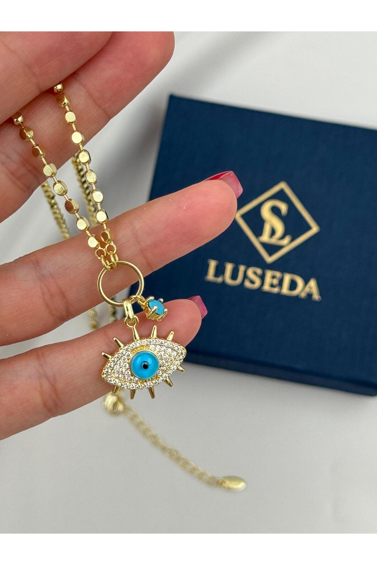 Turkuaz Nazar Göz Zirkon Taşlı 50+5 cm Ayarlanabilir Zincir Kolye