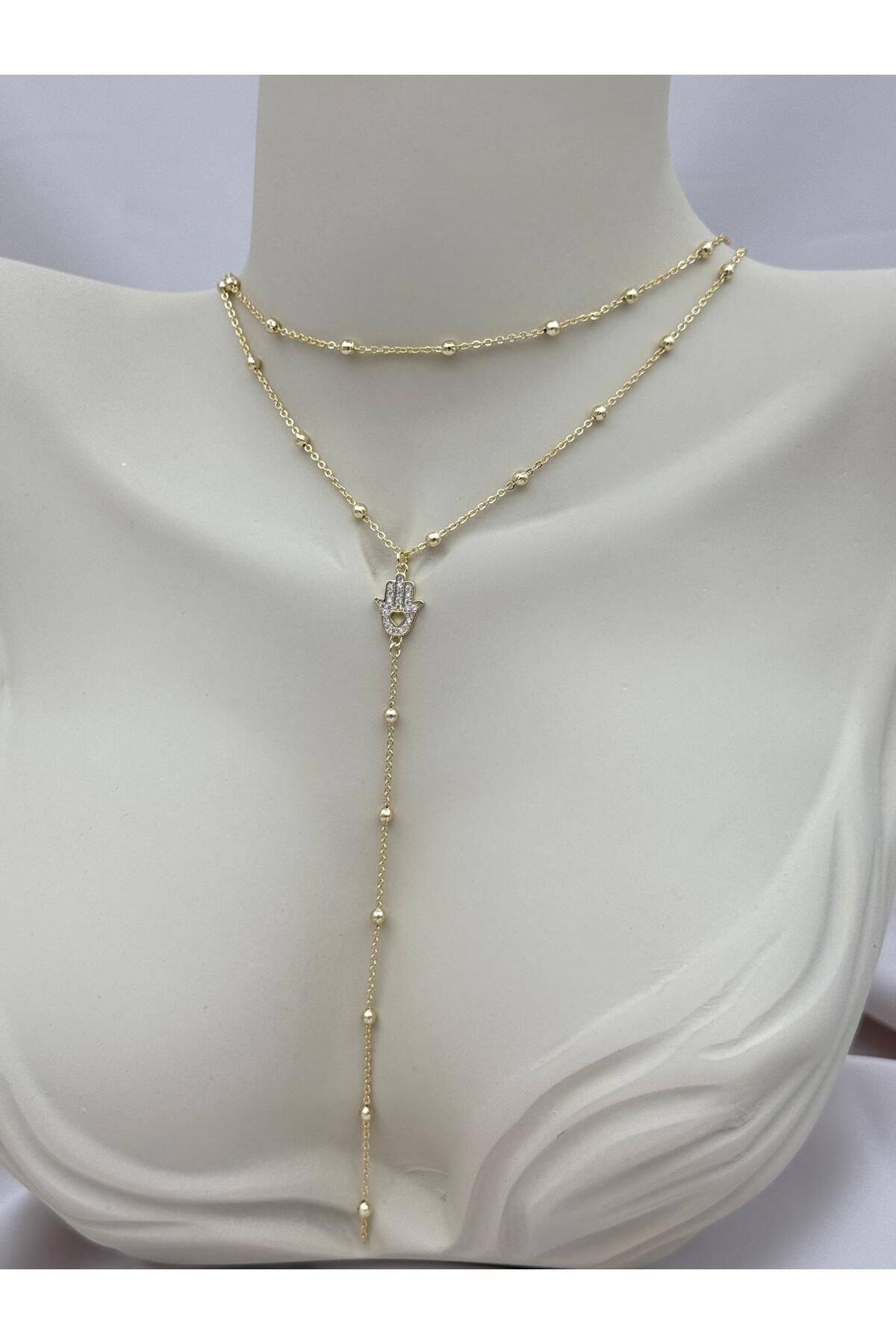Çift Sıra Gold Zincir Taşlı Fatma Ana Eli Kadın Y 40+5 cm Ayarlanabilir Kolye