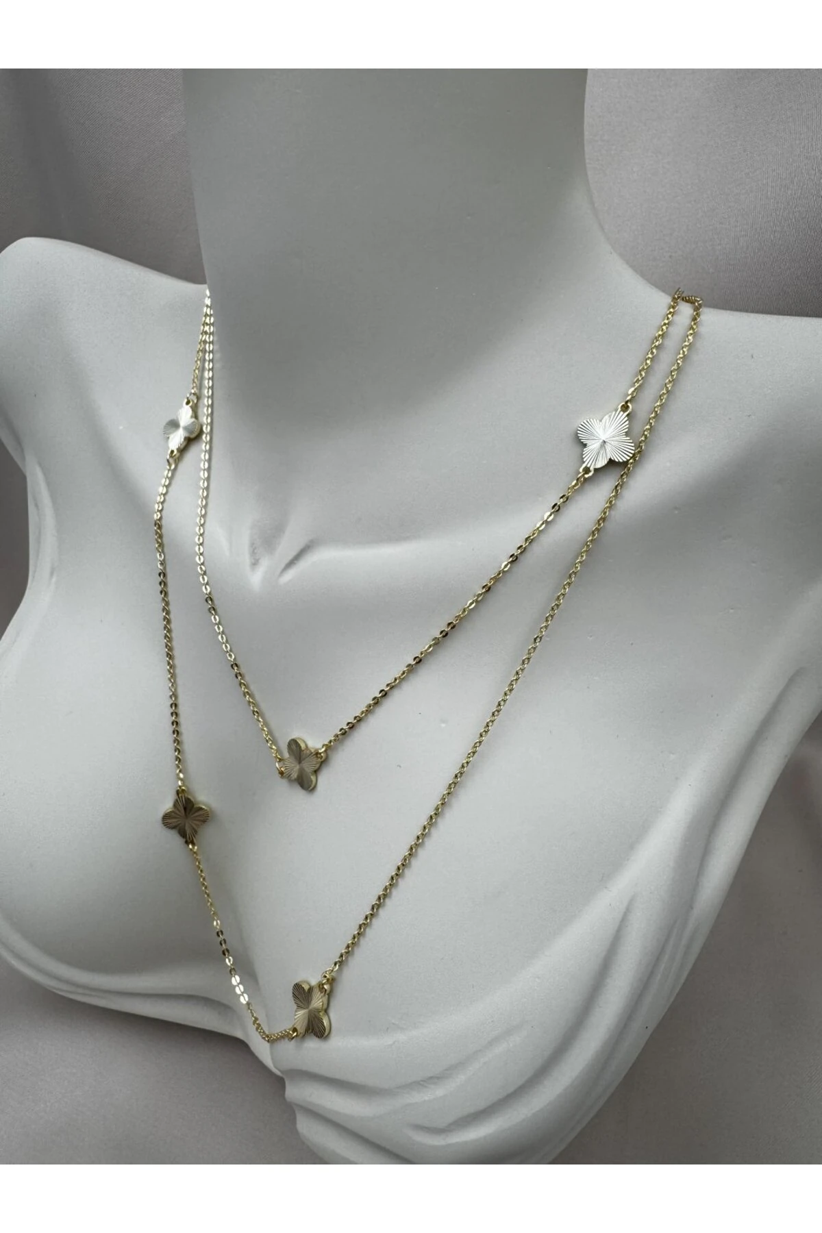 Dört Yapraklı Yonca Detaylı 85+5CM Ayarlanabilir Gold Zincir Kolye