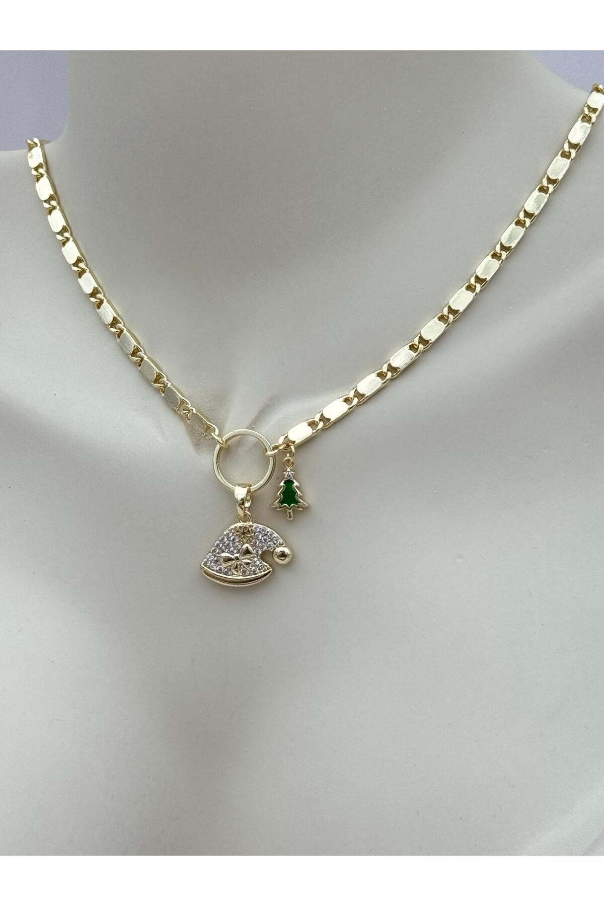 VIP Yılbaşı Şapka ve Ağaç Figürlü Gold 50+5 cm Ayarlanabilir Kolye