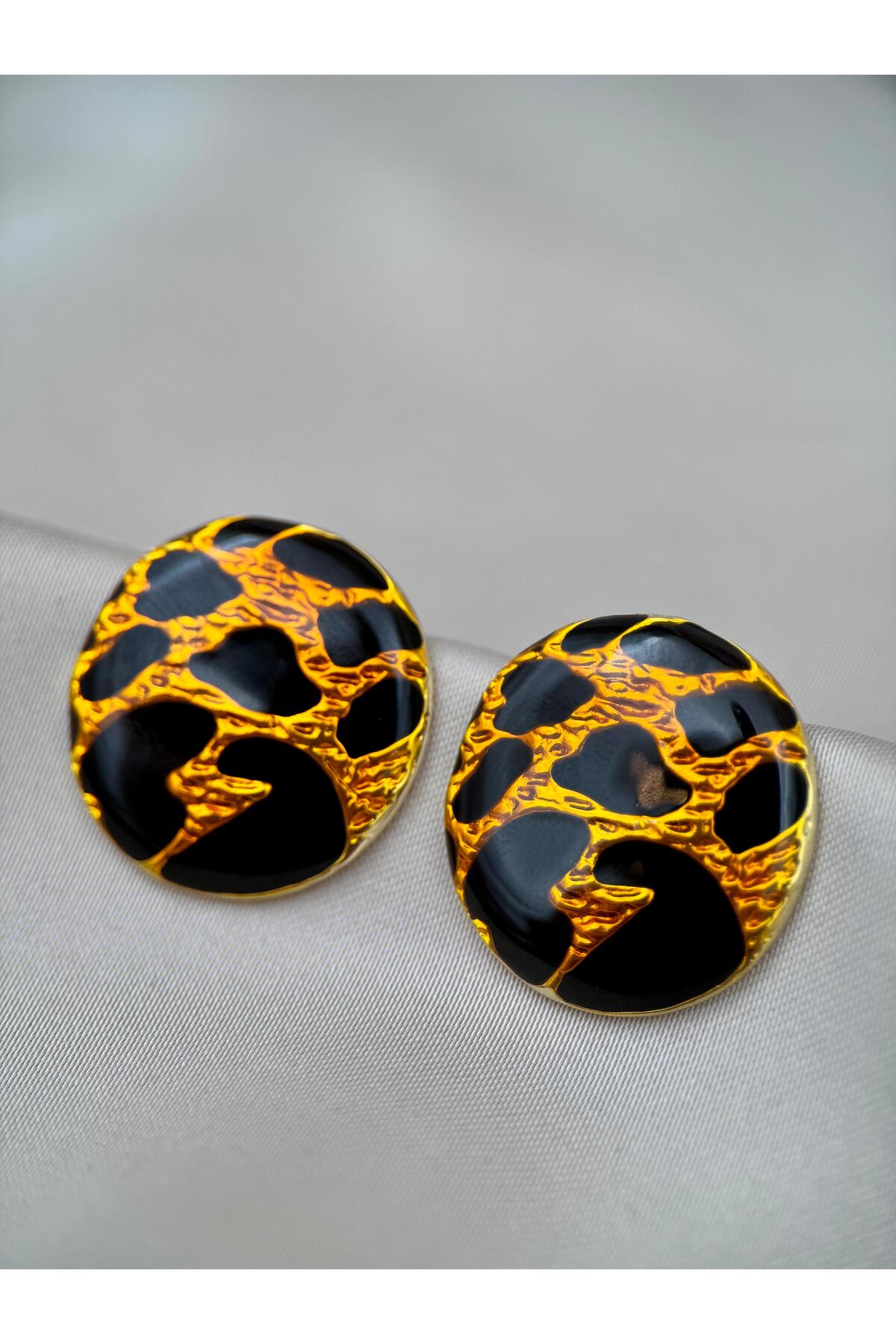 Gold Siyah Leopar Desenli Yuvarlak Küpe