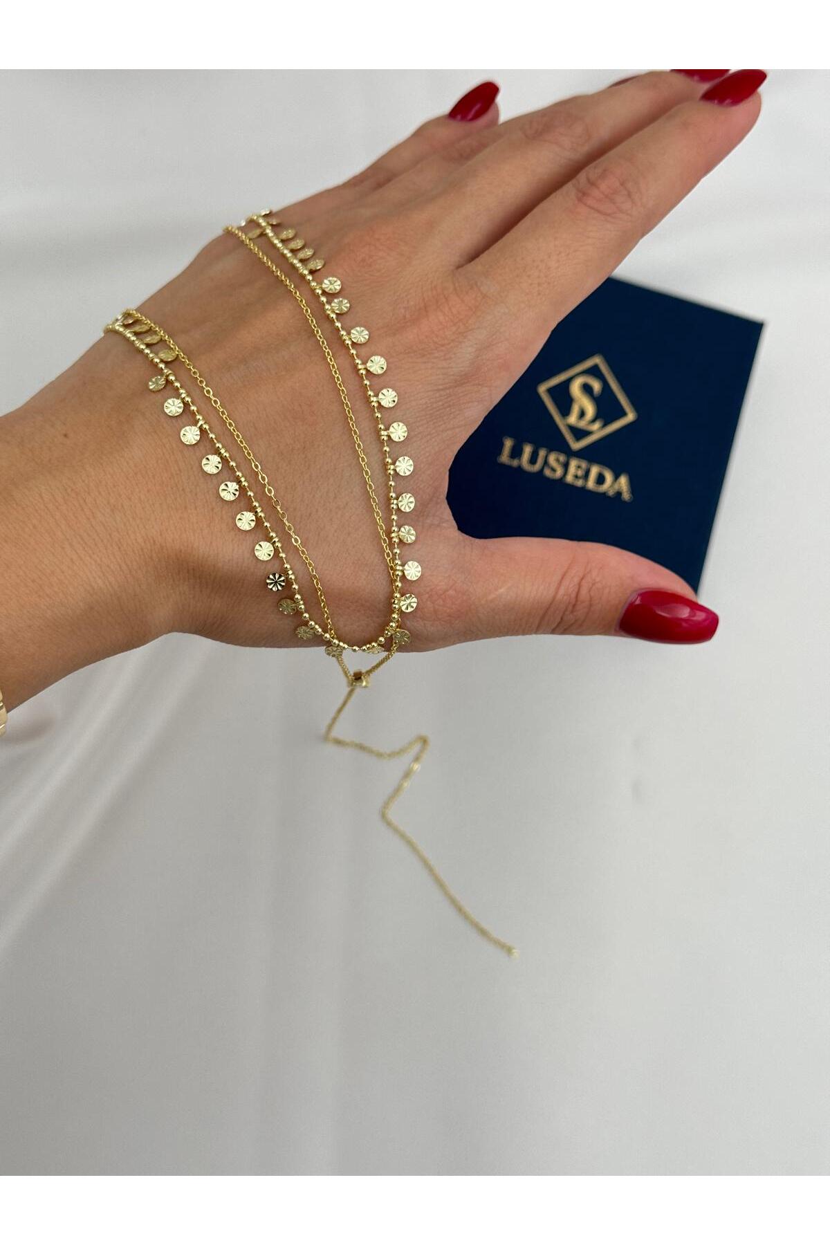 Çift Sıra Pul Detaylı Tek Taş Uzun Lariat Y Kolye 41+5 cm