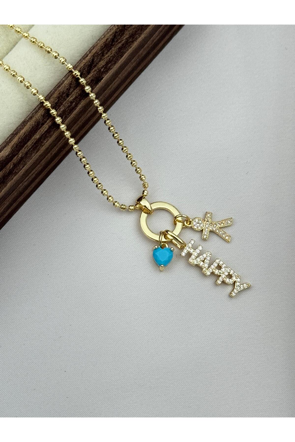 VIP “HAPPY” Yazılı ve Kalp Detaylı Charmlı 70 cm Ayarlanabilir Asansörlü Kolye