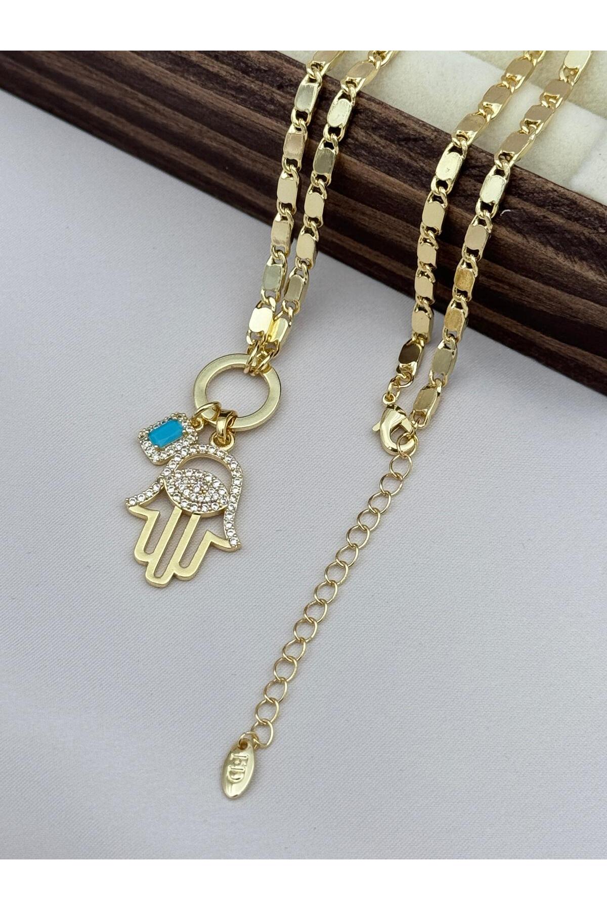 Fatma Ana Eli ve Turkuaz Taş Detaylı Gold Zincir 70+5 cm Ayarlanabilir VIP Kadın Kolye