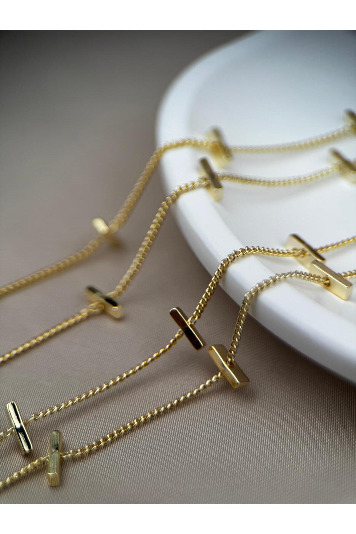 Çok Katlı Dikdörtgen Detaylı Ayarlanabilir Gold Zincir Kolye