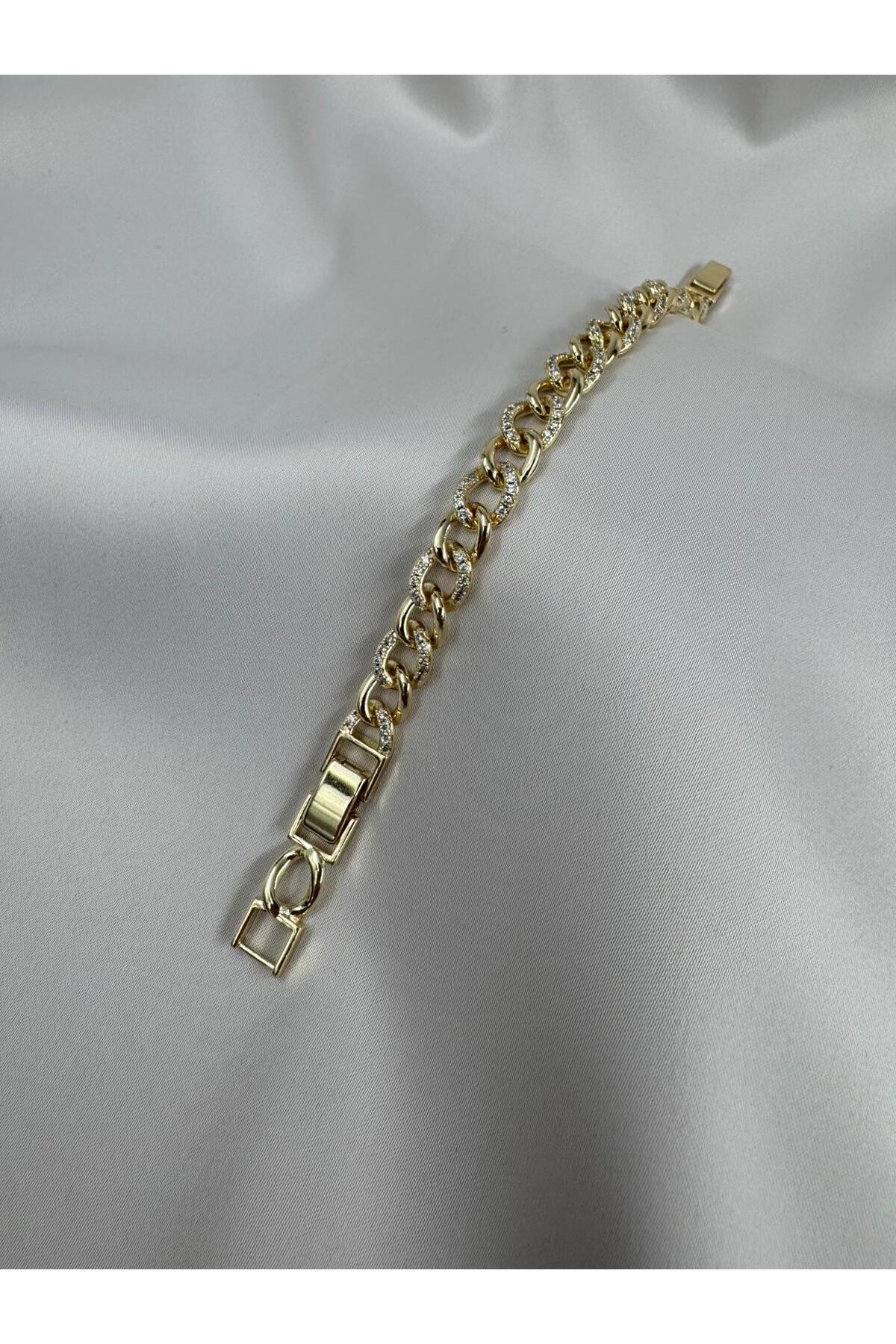 Kadın Taş Detaylı Kalın Zincir 17+2CM Ayarlanabilir Gold Bileklik