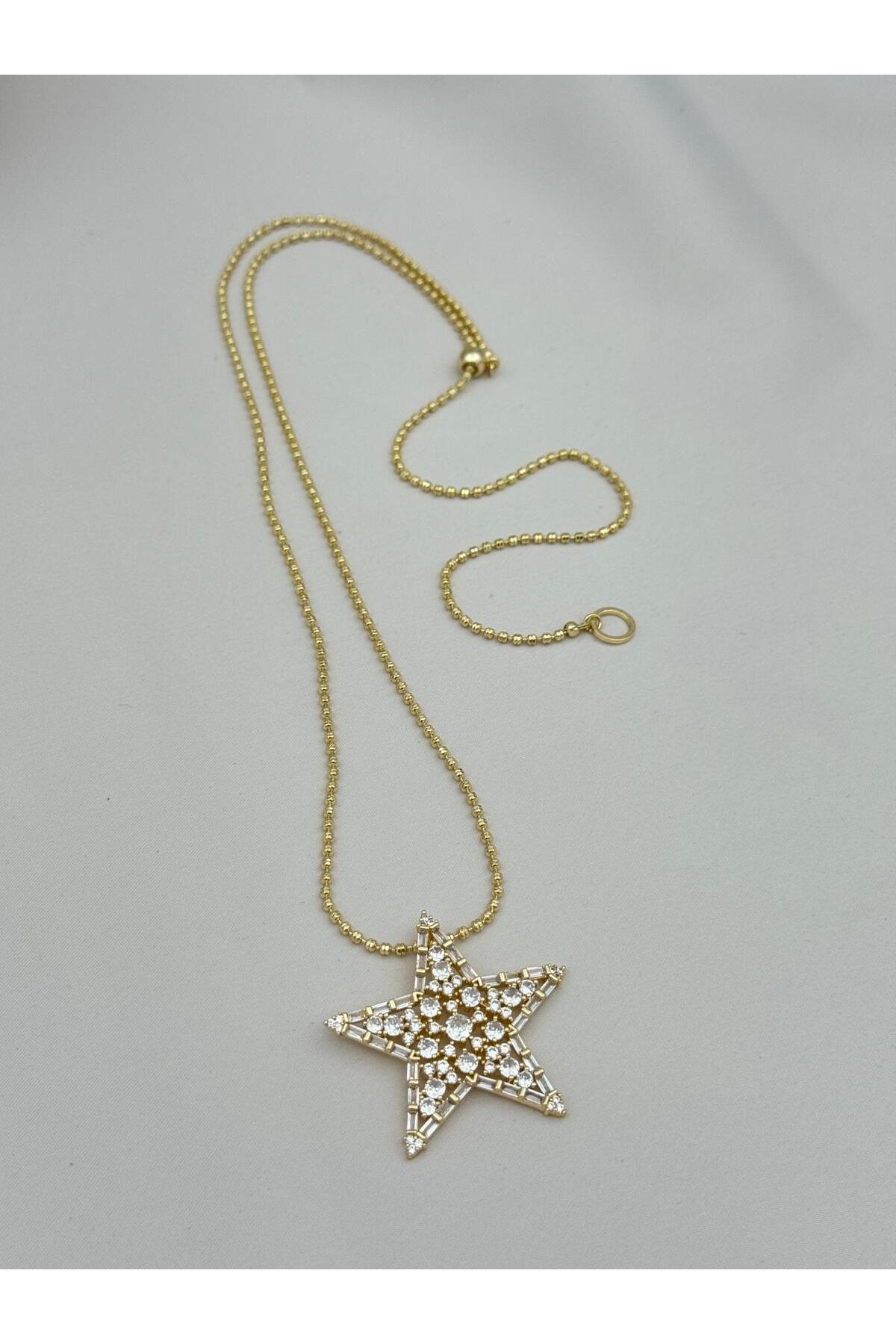 VIP Yoğun Taşlı Asansörlü 70 cm Gold Yıldız Kolye