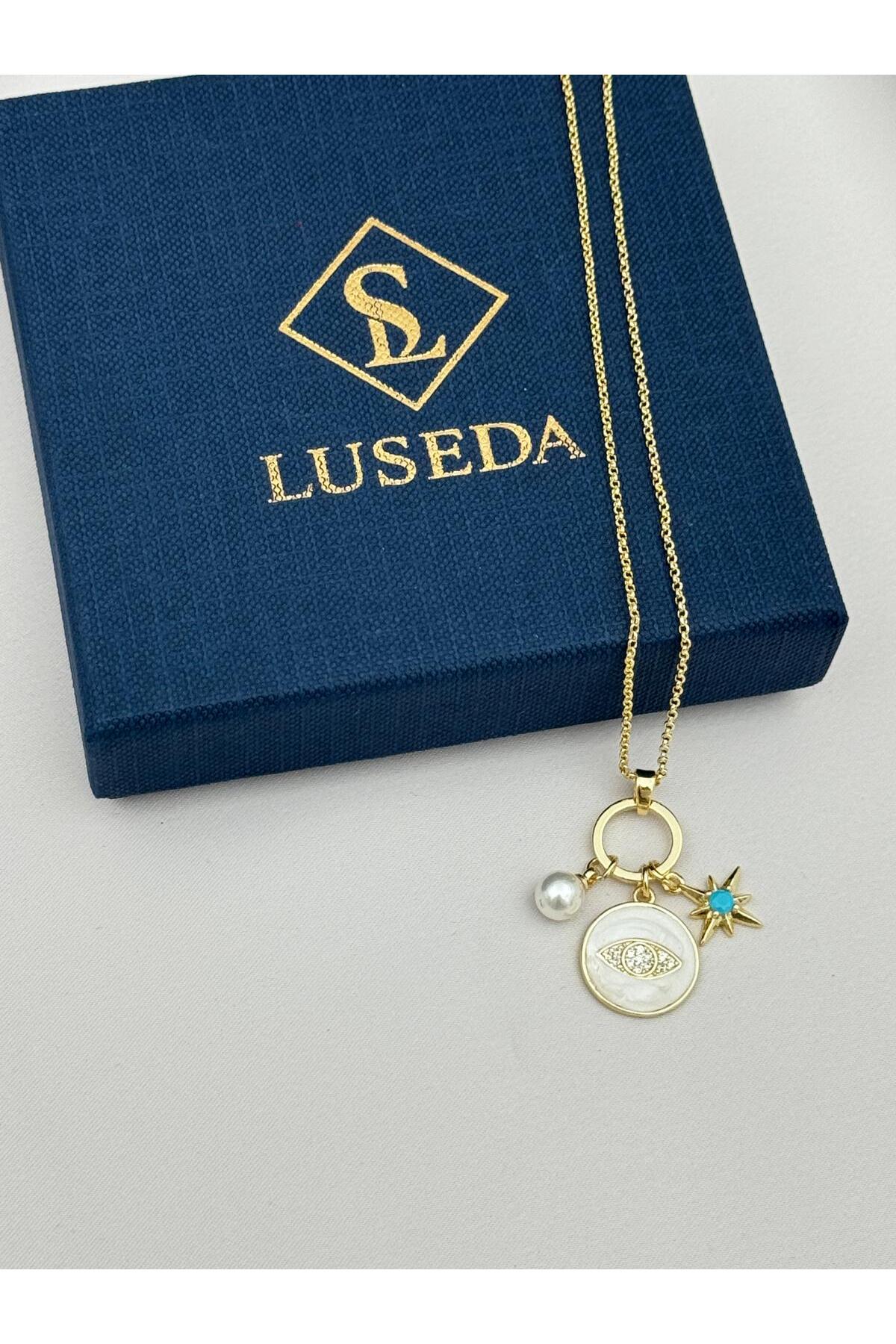 Nazar Göz Madalyonlu İnci ve Kutup Yıldızı Figürlü 70+5 cm Ayarlanabilir Kolye