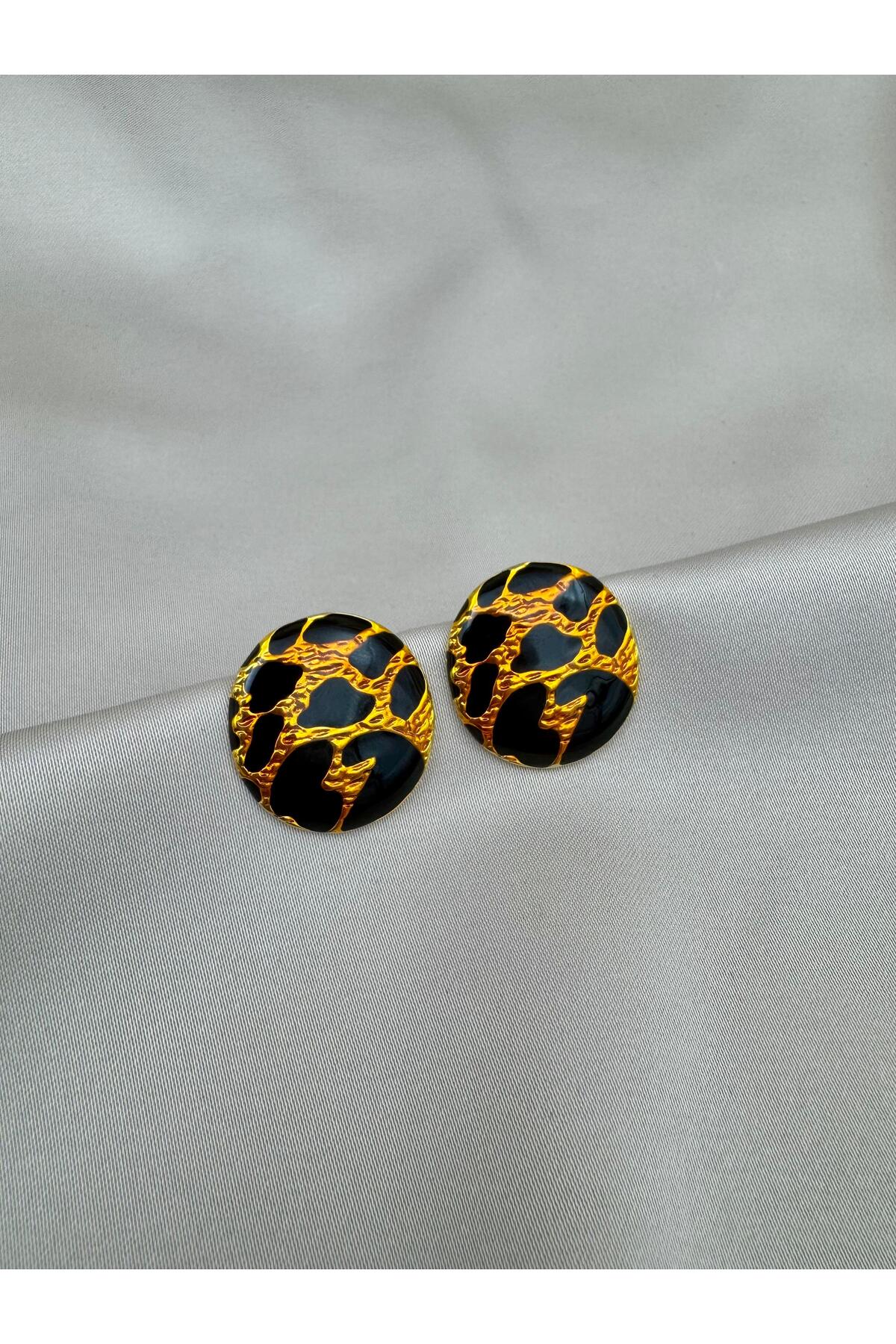 Gold Siyah Leopar Desenli Yuvarlak Küpe