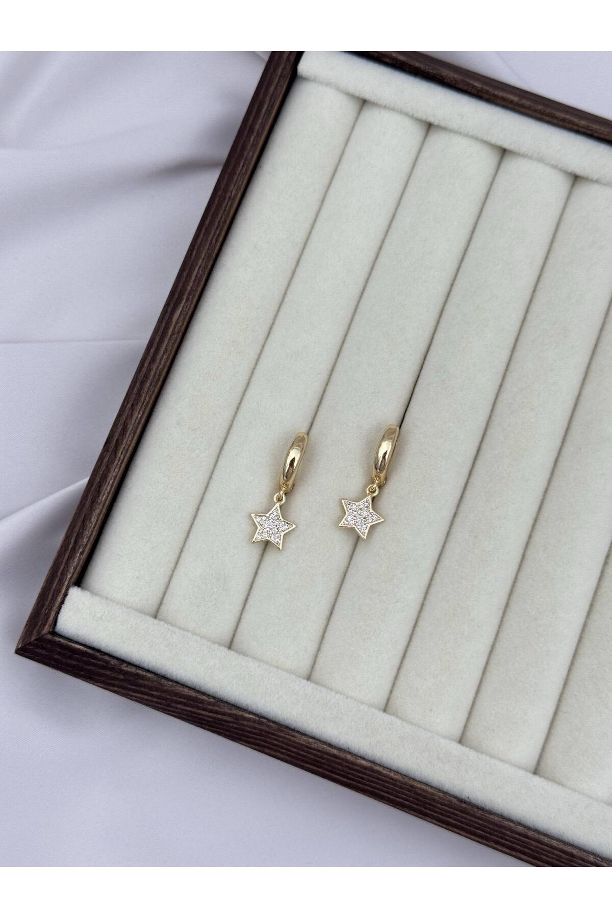 Gold Renk Mini Halka Yıldız Sallantılı Zirkon Taşlı VIP Küpe