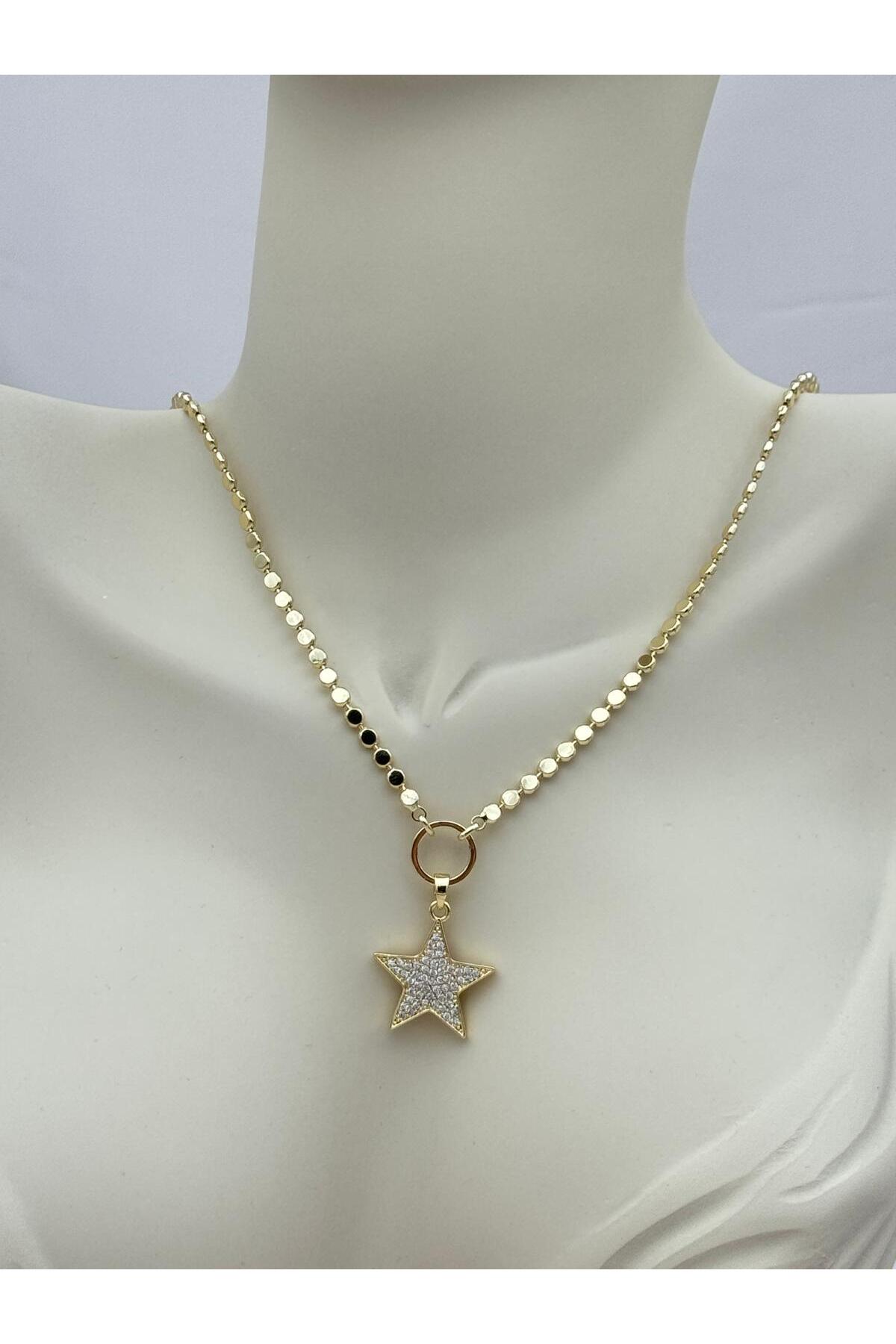 VIP Zirkon Taşlı Yıldız Gold Renk 55+5 cm Kolye