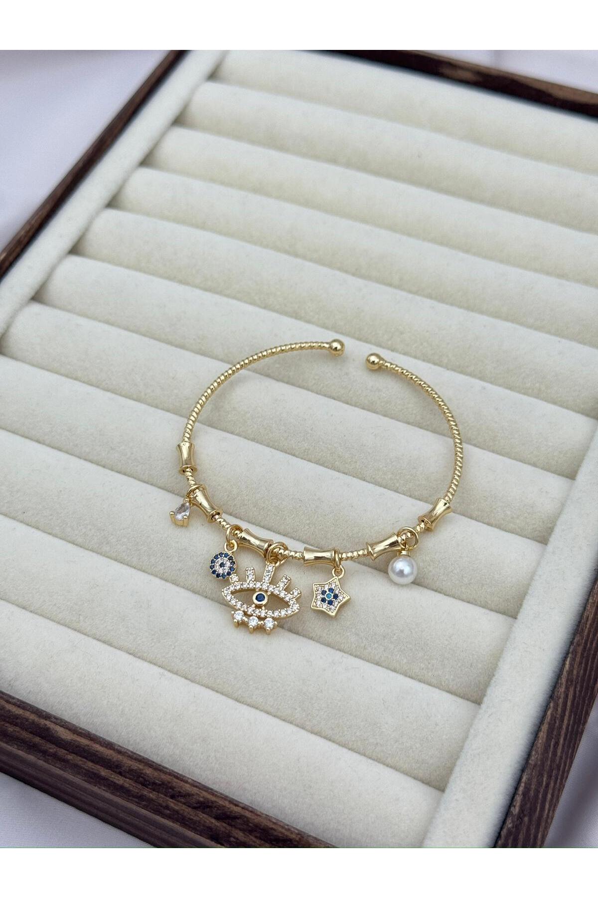 Nazar Göz Yıldız Charm Ayarlanabilir Bambu Desen Kelepçe Bileklik