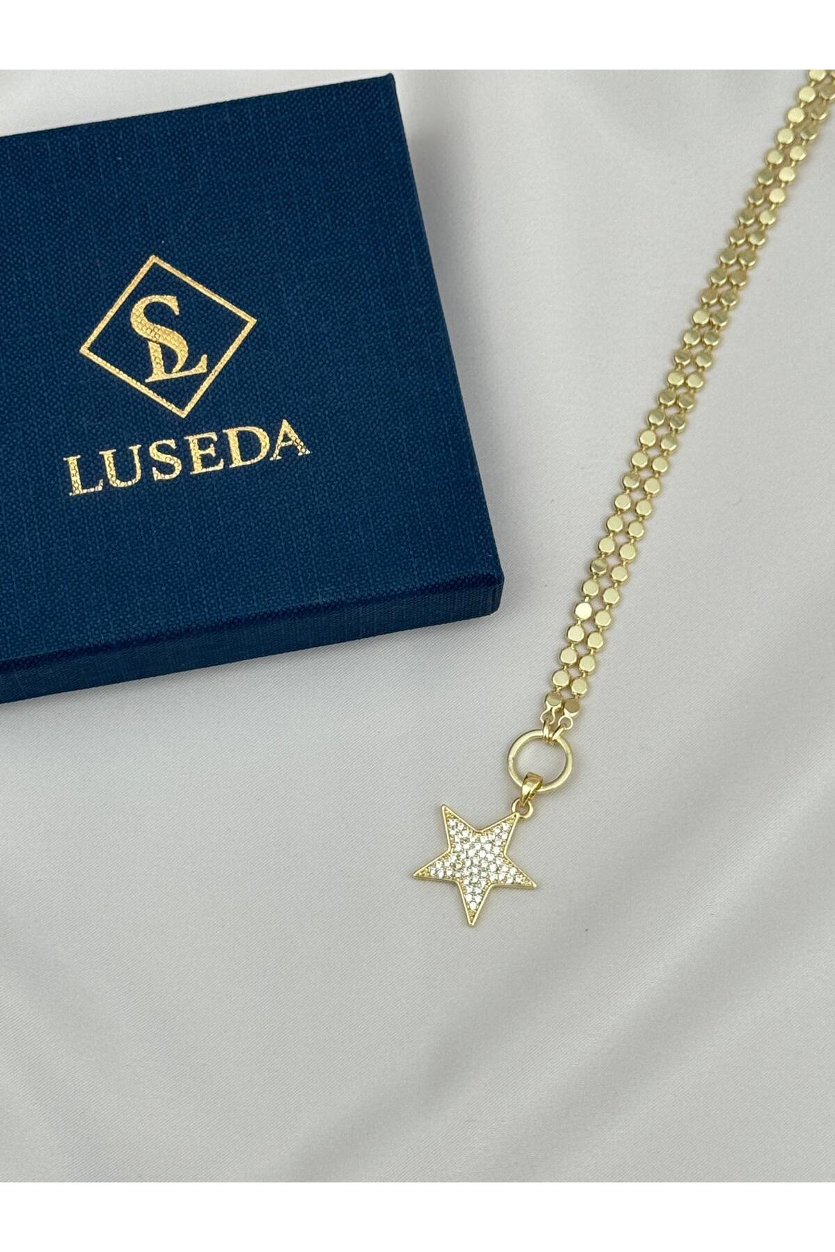 VIP Zirkon Taşlı Yıldız Gold Renk 55+5 cm Kolye