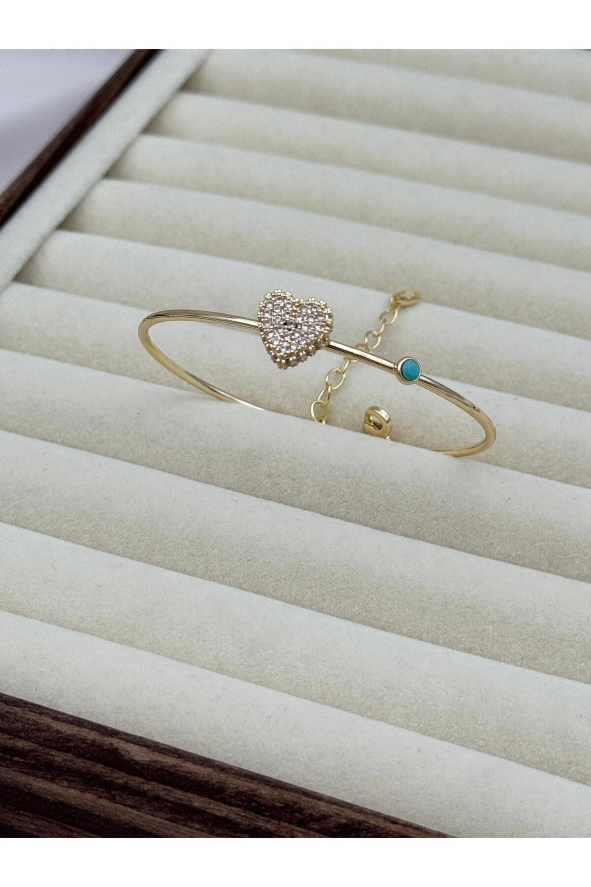 VIP Kalp ve Turkuaz Taş Detaylı Ayarlanabilir Bileklik
