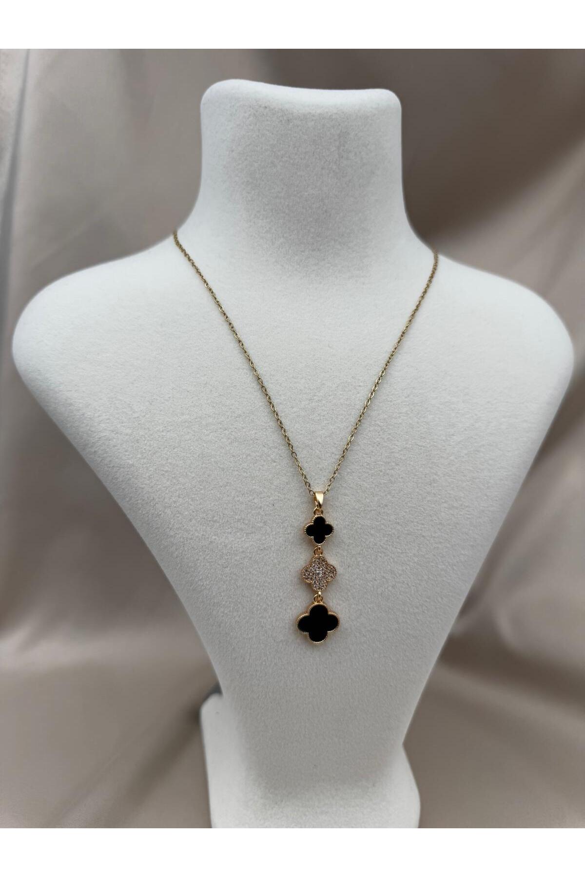Gold Siyah Renk Yonca ve Taş Detaylı 40+5CM Kararmaz Çelik Kolye - gold
