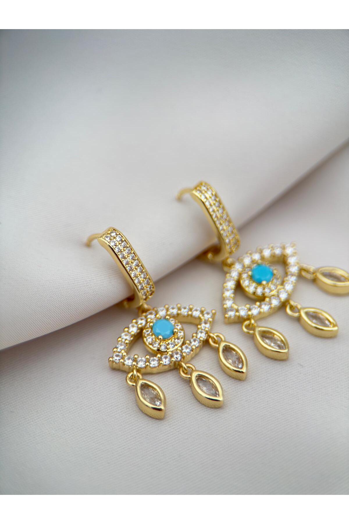 Gold Renk Turkuaz Taşlı Nazar Göz Sallantılı Zirkon Taşlı Halka Küpe