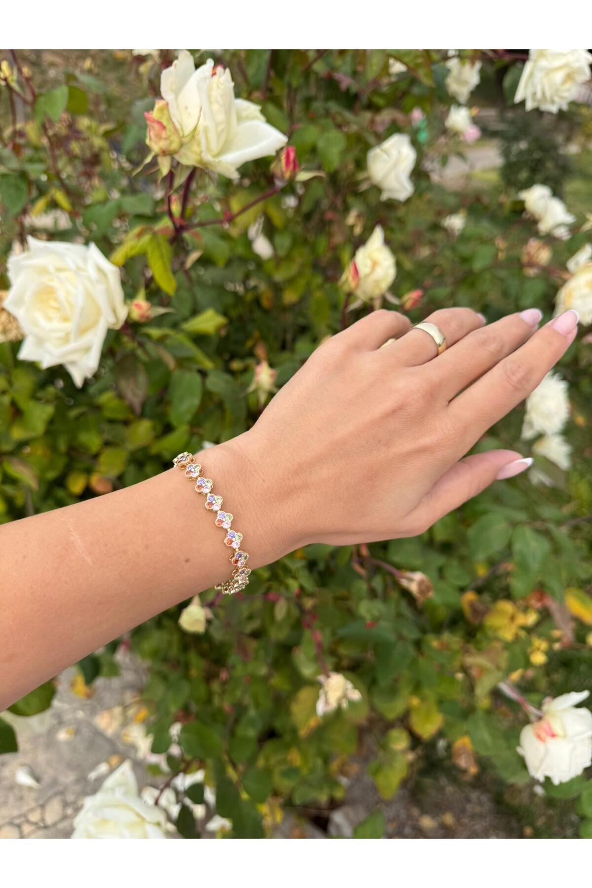 Gold Color Multicolored Zircon Stone Flower Shaped 17+2CM Adjustable Bracelet