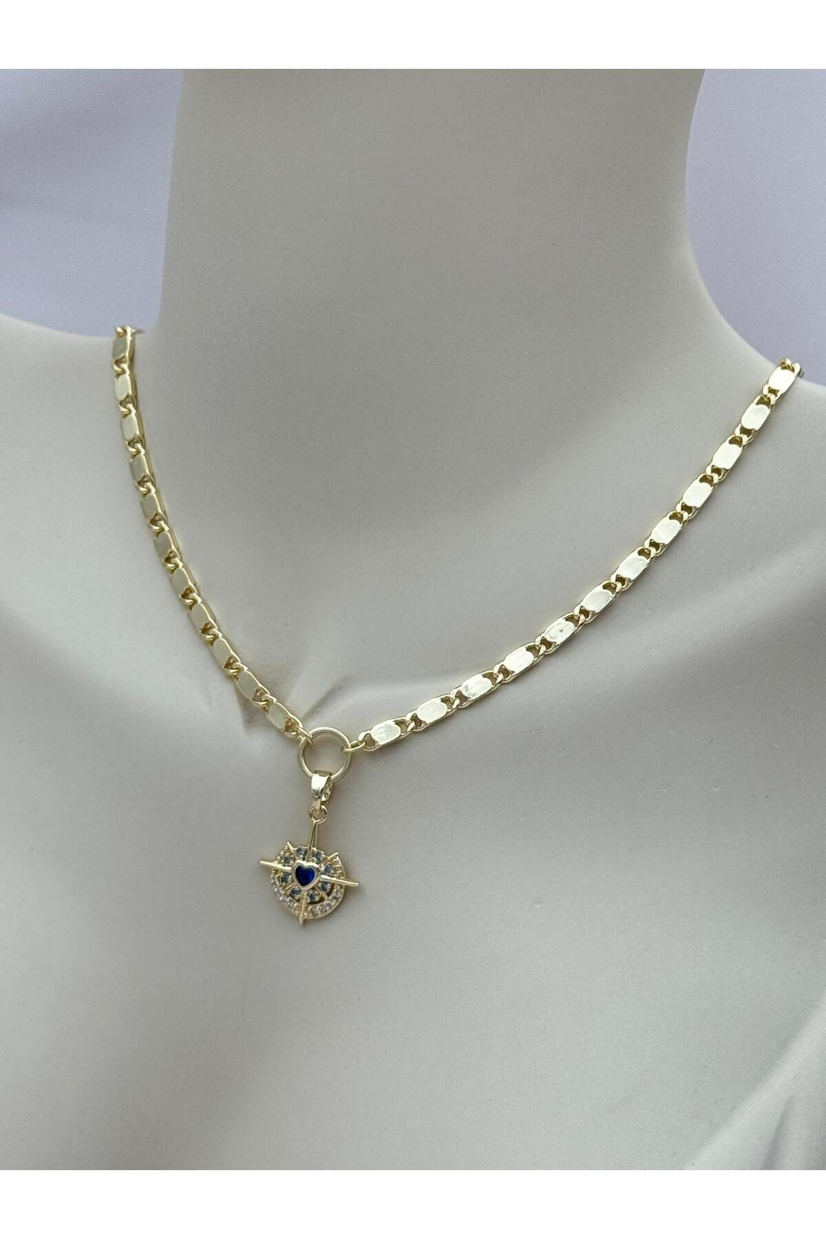 Mavi Kalp Taşlı Işıltılı Charm Detaylı 40+5 cm Ayarlanabilir Zincir Kolye