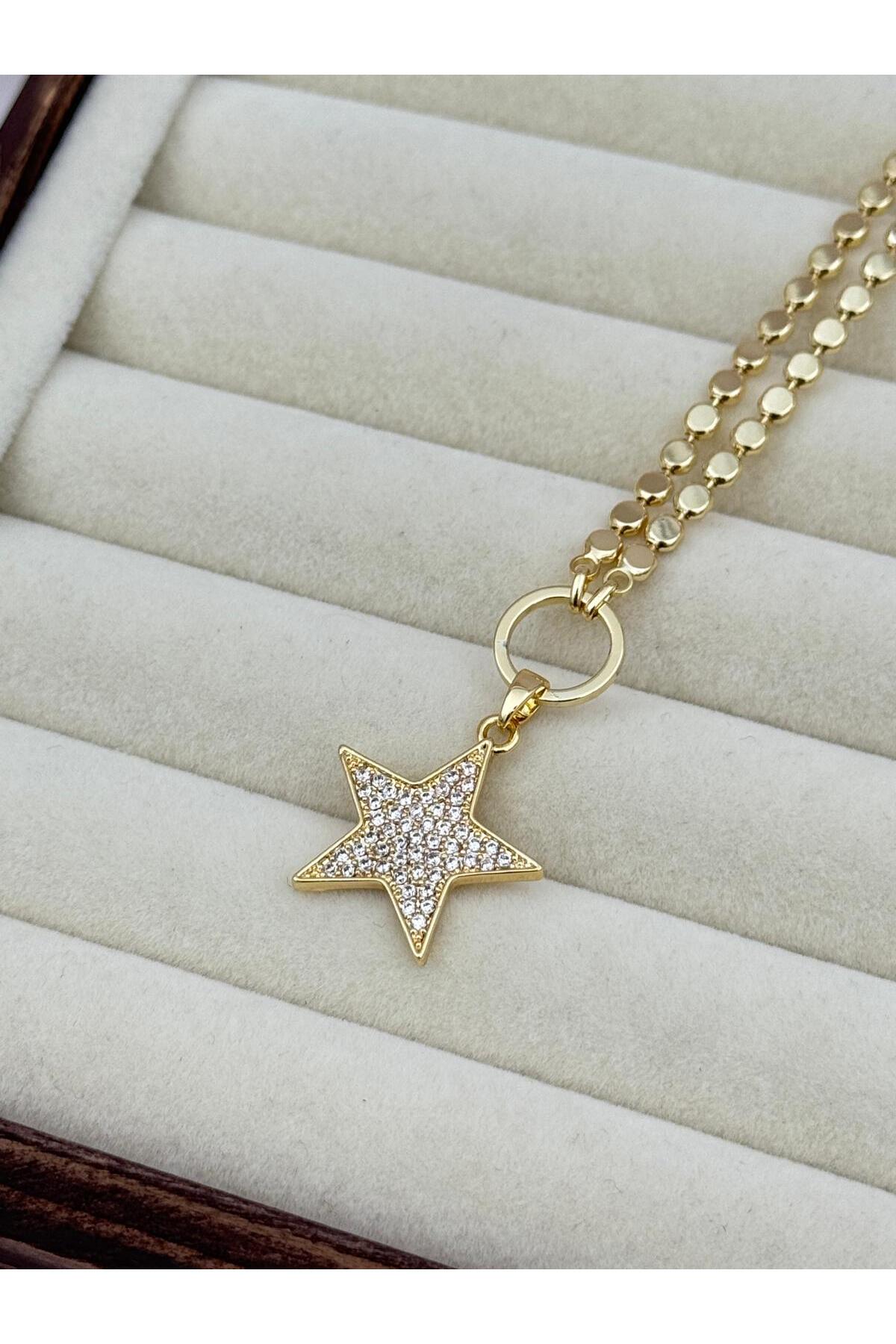 VIP Zirkon Taşlı Yıldız Gold Renk 55+5 cm Kolye