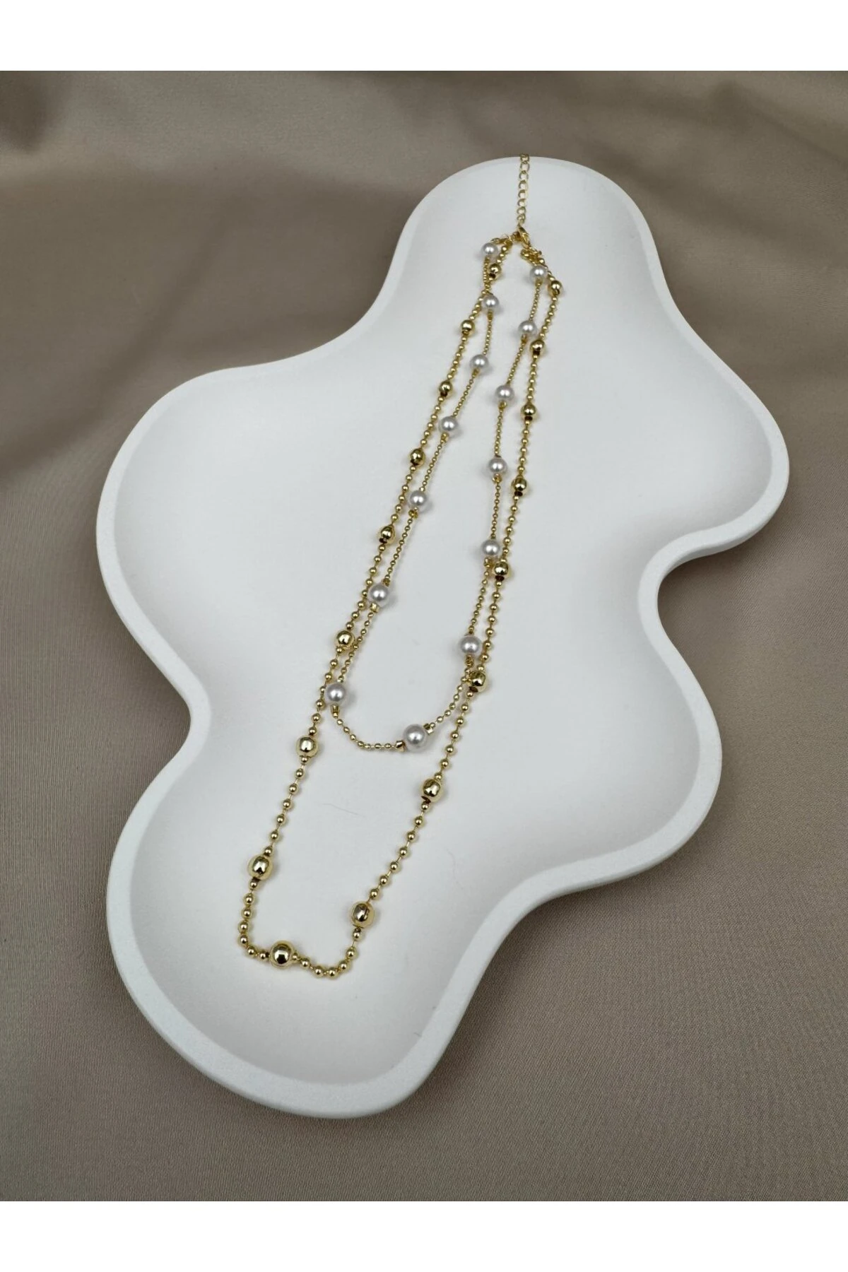 İnci Detaylı Gold Renk 40+5CM Ayarlanabilir Zincir Kolye