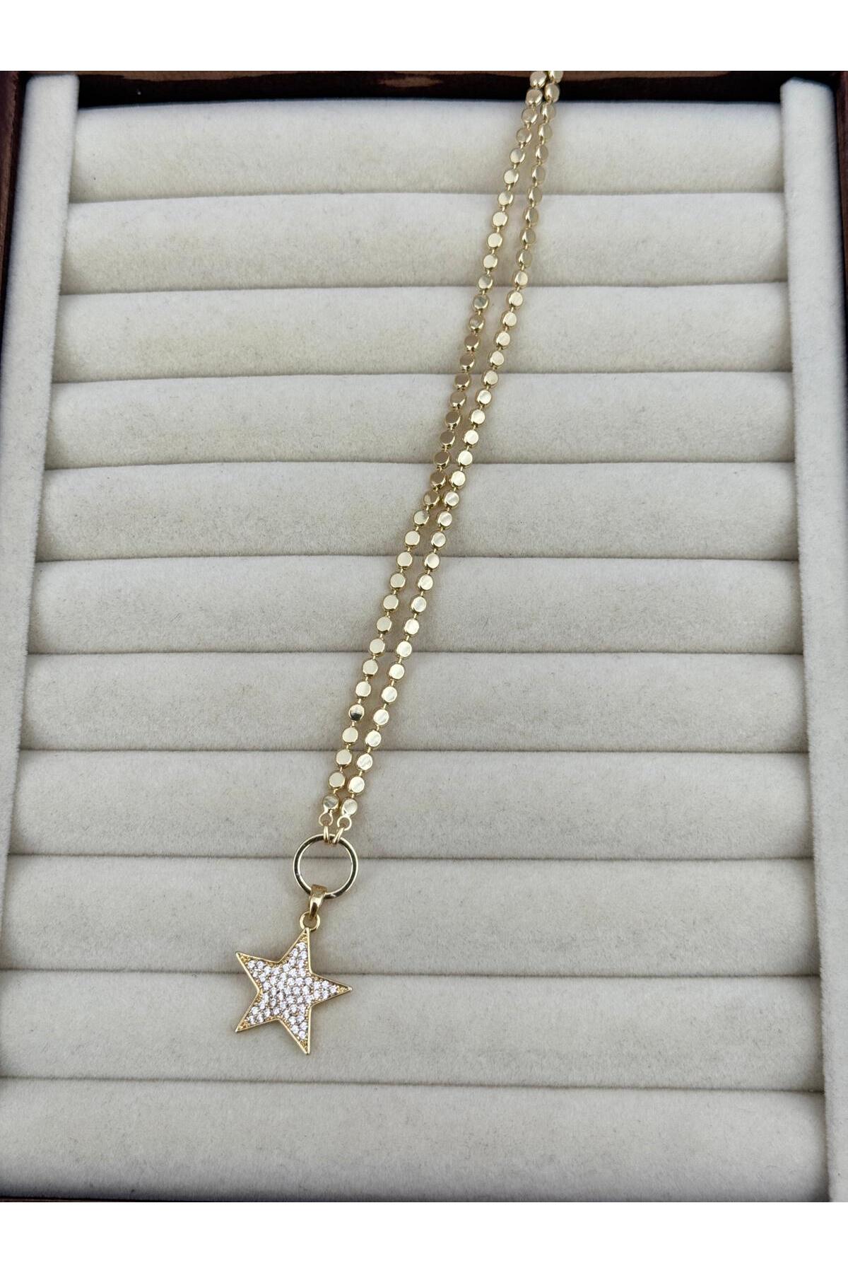 VIP Zirkon Taşlı Yıldız Gold Renk 55+5 cm Kolye