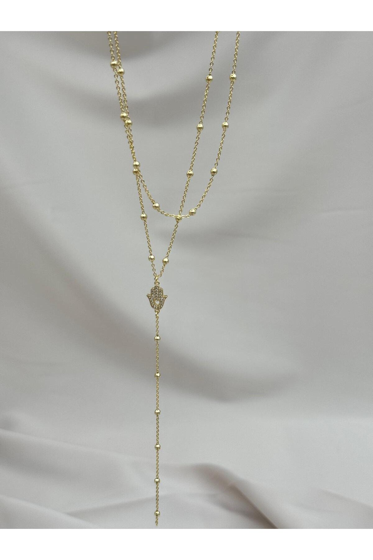 Çift Sıra Gold Zincir Taşlı Fatma Ana Eli Kadın Y 40+5 cm Ayarlanabilir Kolye
