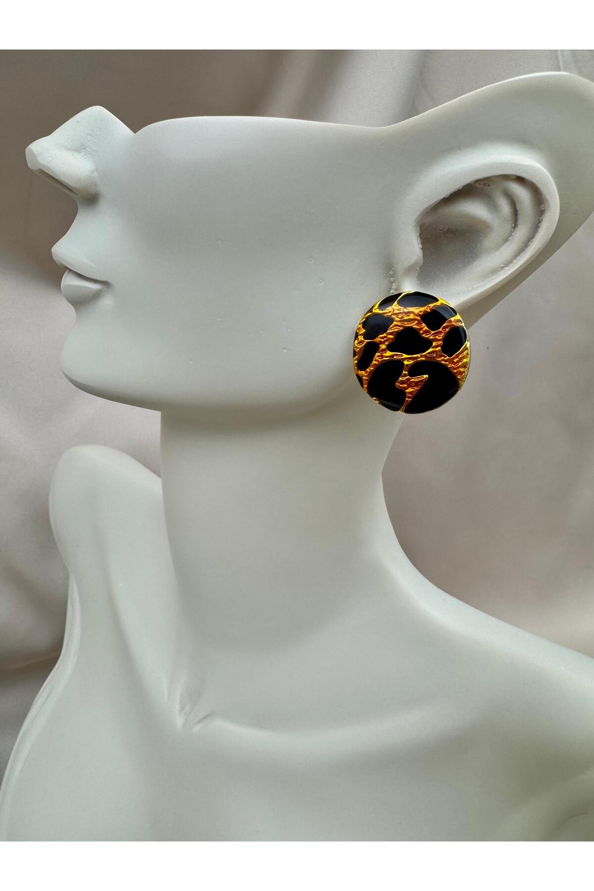 Gold Siyah Leopar Desenli Yuvarlak Küpe