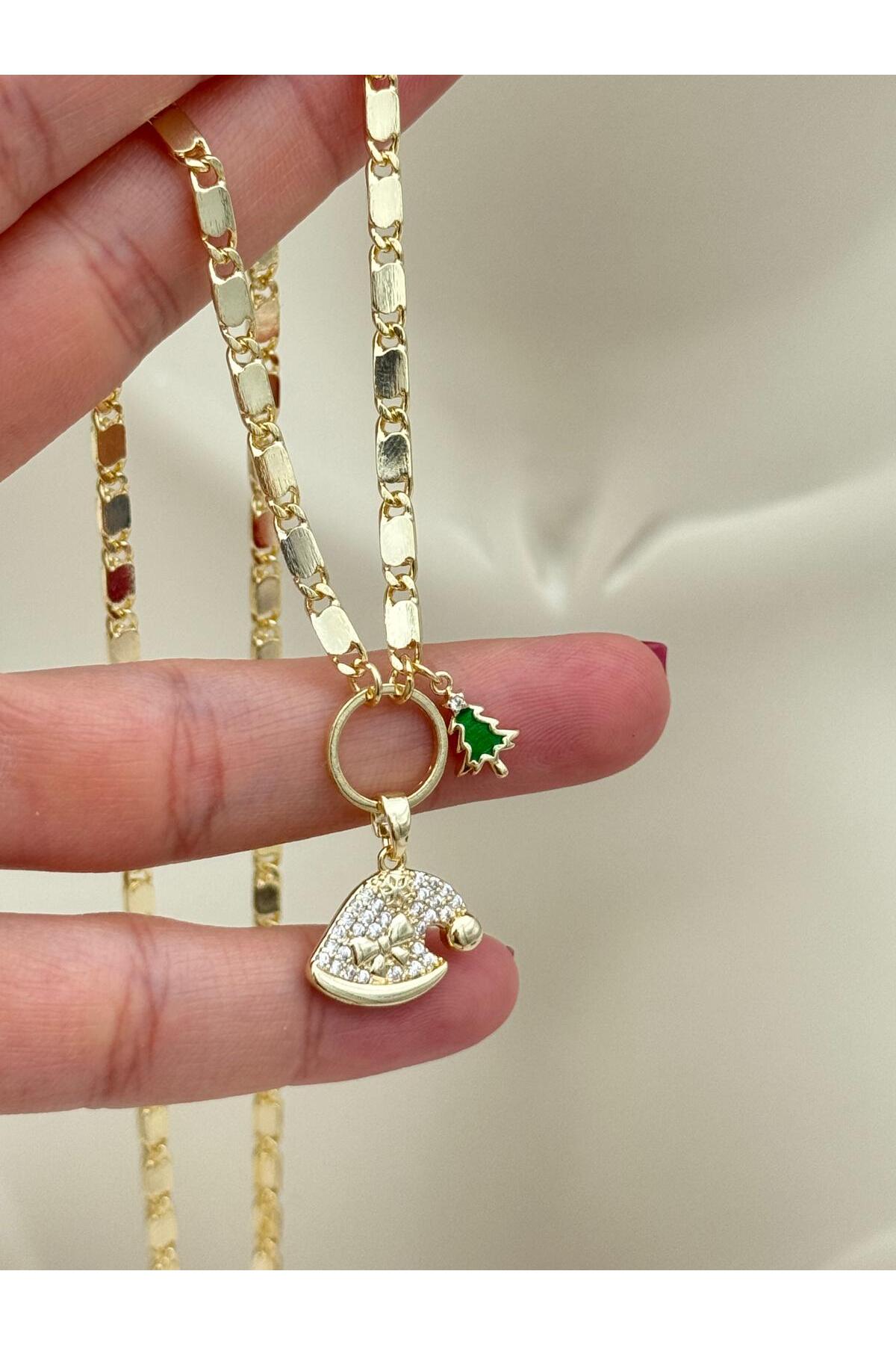 VIP Yılbaşı Şapka ve Ağaç Figürlü Gold 50+5 cm Ayarlanabilir Kolye