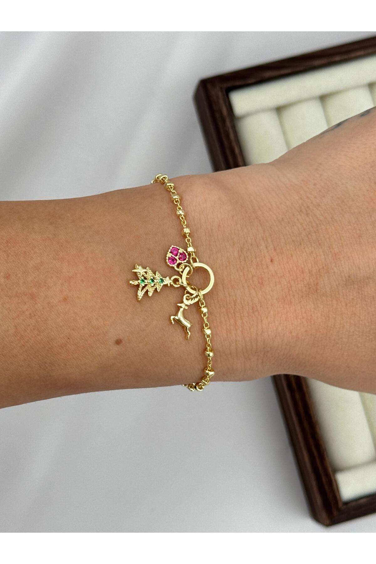 VIP Yılbaşı Figürlü Charm 16+4 cm Ayarlanabilir Gold Bileklik