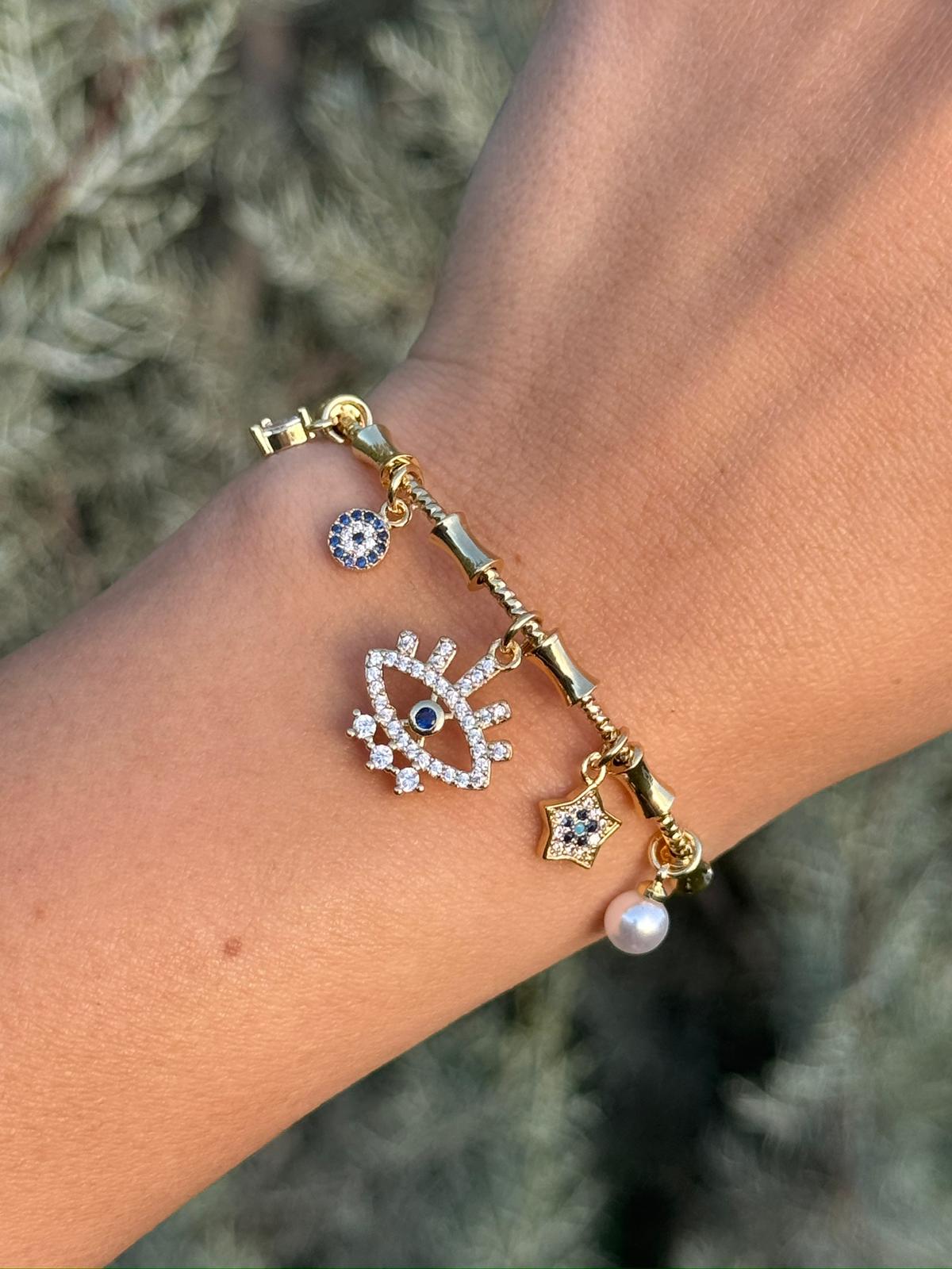 Nazar Gözlü Charm Gold Renk Ayarlanabilir Bileklik