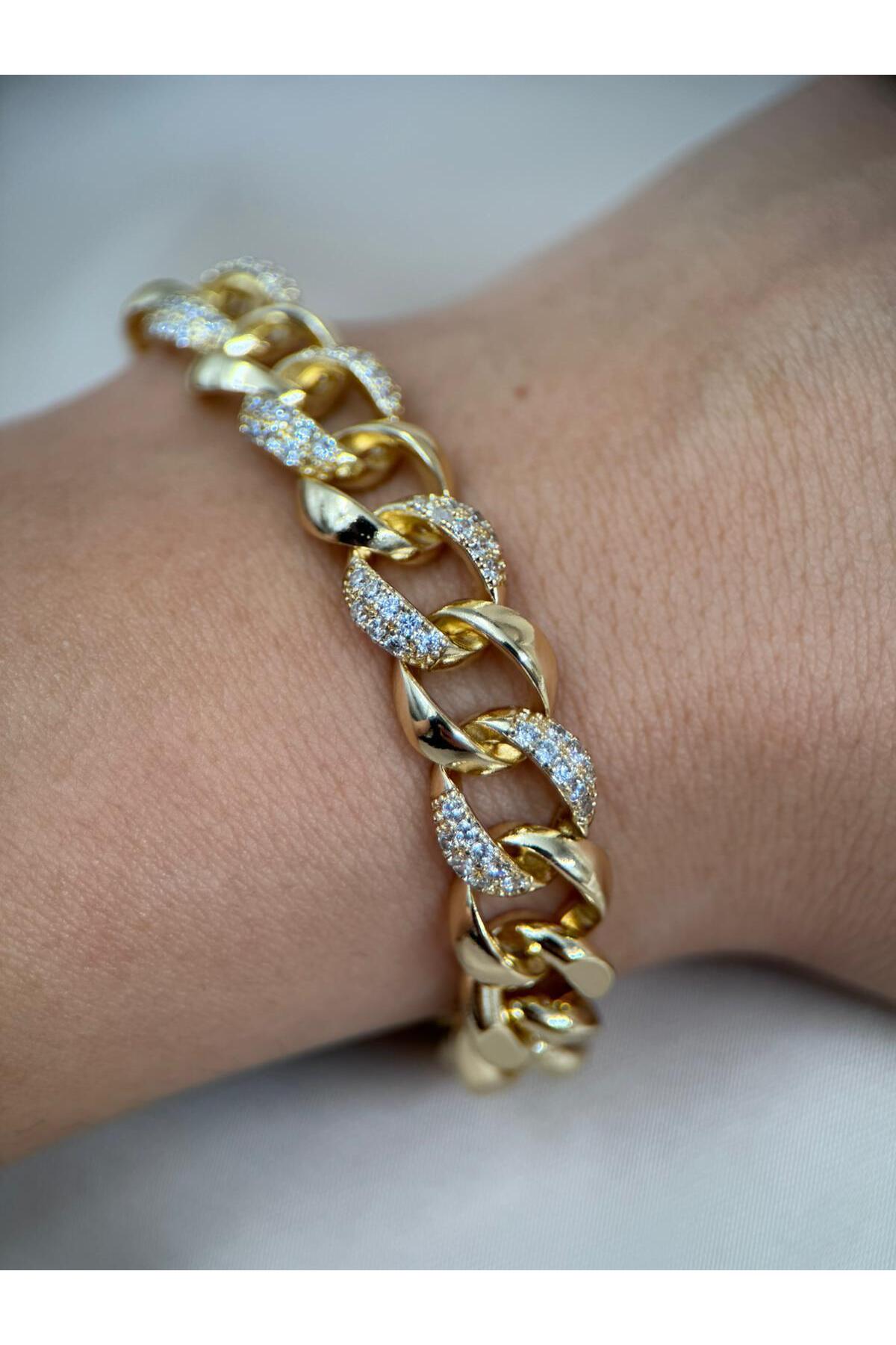 Zirkon Taşlı Gurmet Gold Renk 17+2CM Ayarlabilir Çelik Bileklik