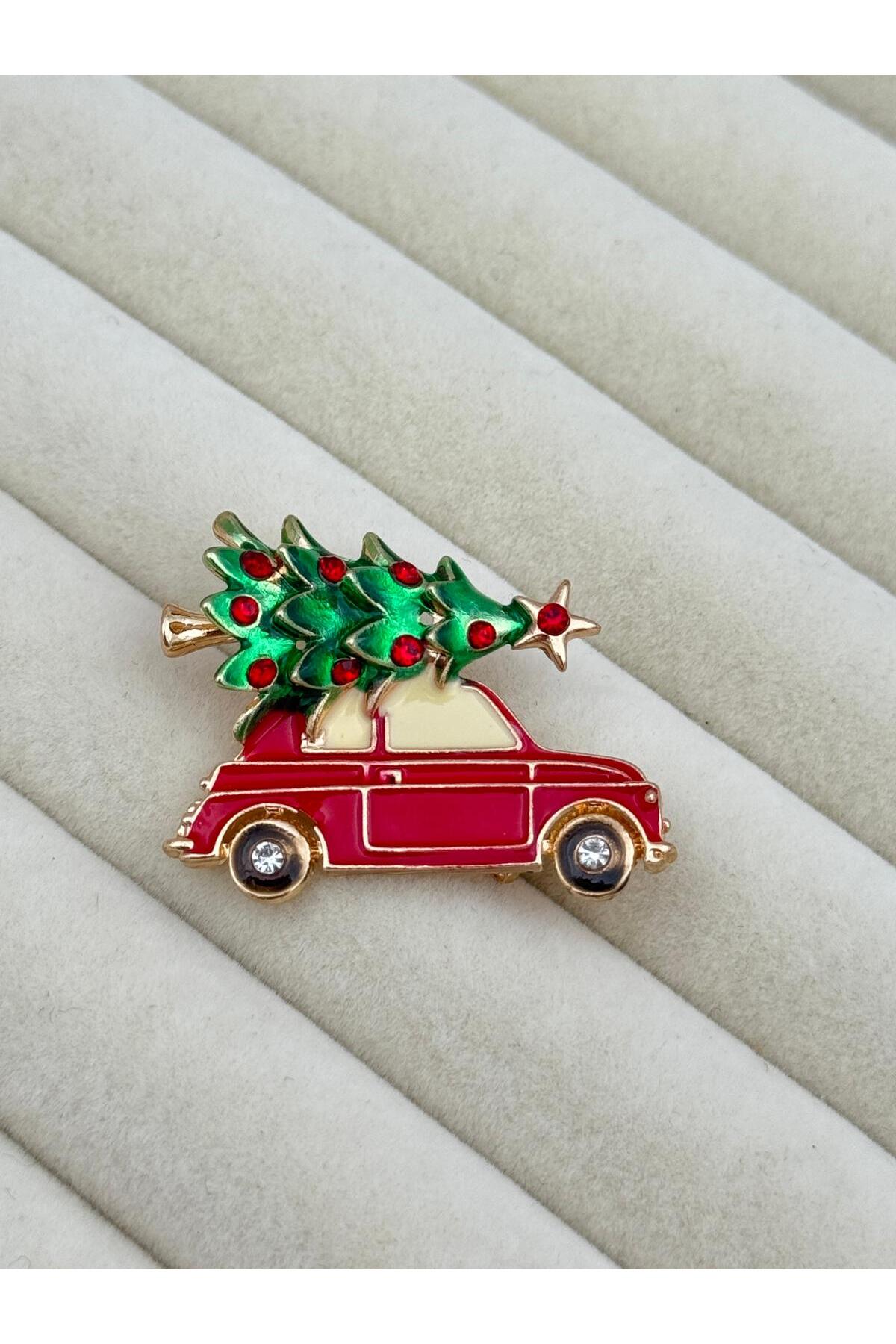 Kırmızı Araba & Yılbaşı Ağacı Temalı Mine İşlemeli Broş